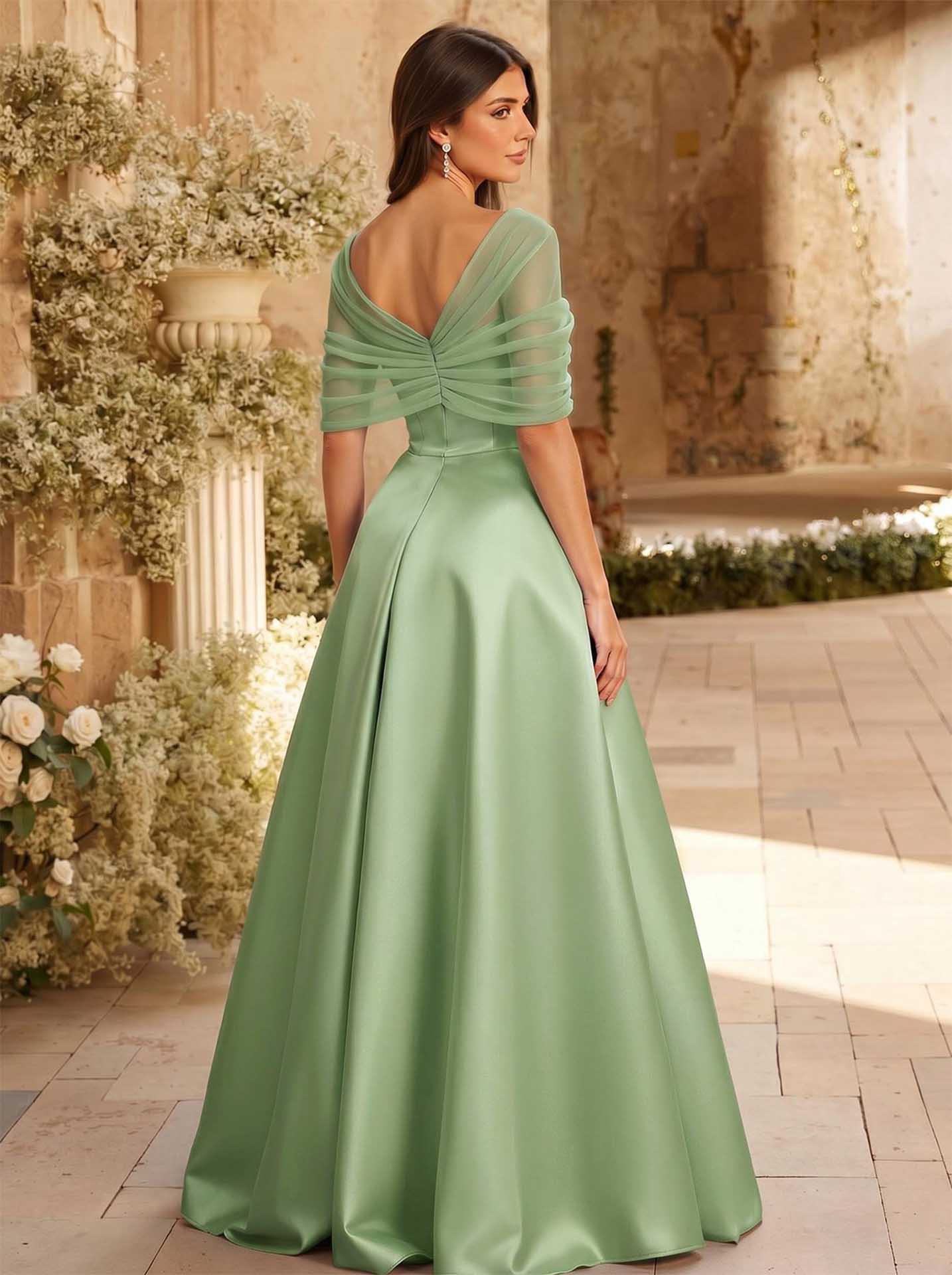 A-Line Asymmetrical Short Sleeves Sweep Train Satin Tulle Bridesmaid Dresses With Sweeping Side Drape, product image 85