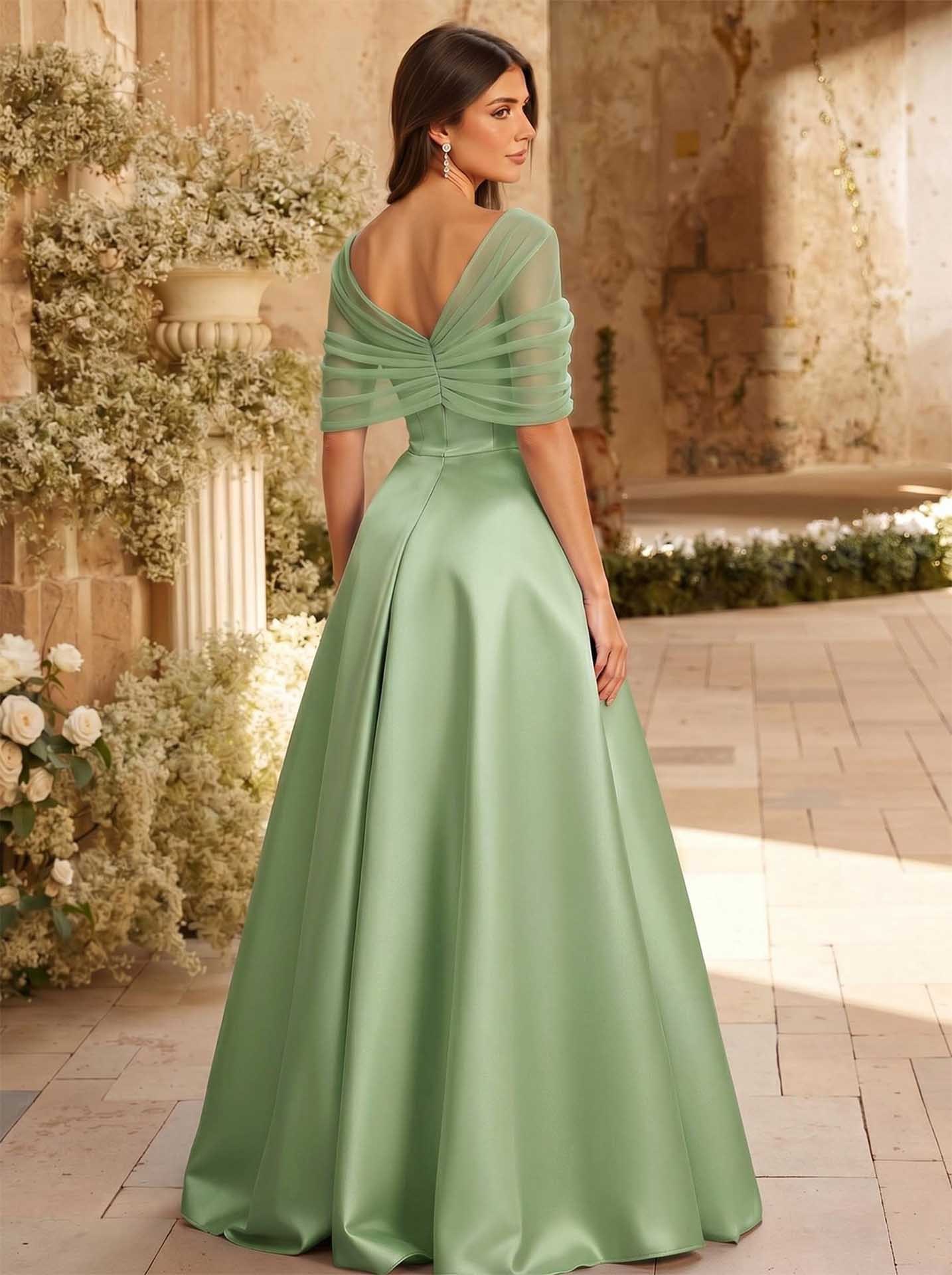 A-Line Asymmetrical Short Sleeves Sweep Train Satin Tulle Bridesmaid Dresses With Sweeping Side Drape, product image 85