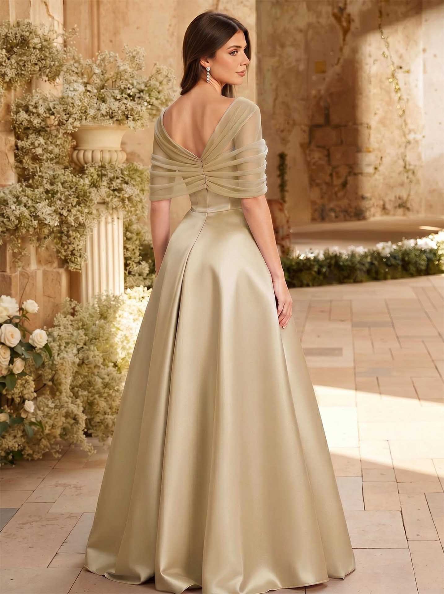 A-Line Asymmetrical Short Sleeves Sweep Train Satin Tulle Bridesmaid Dresses With Sweeping Side Drape, product image 93