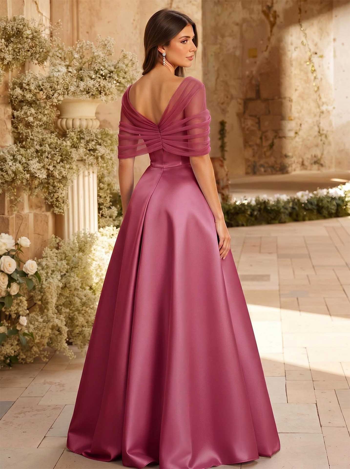 A-Line Asymmetrical Short Sleeves Sweep Train Satin Tulle Bridesmaid Dresses With Sweeping Side Drape, product image 33