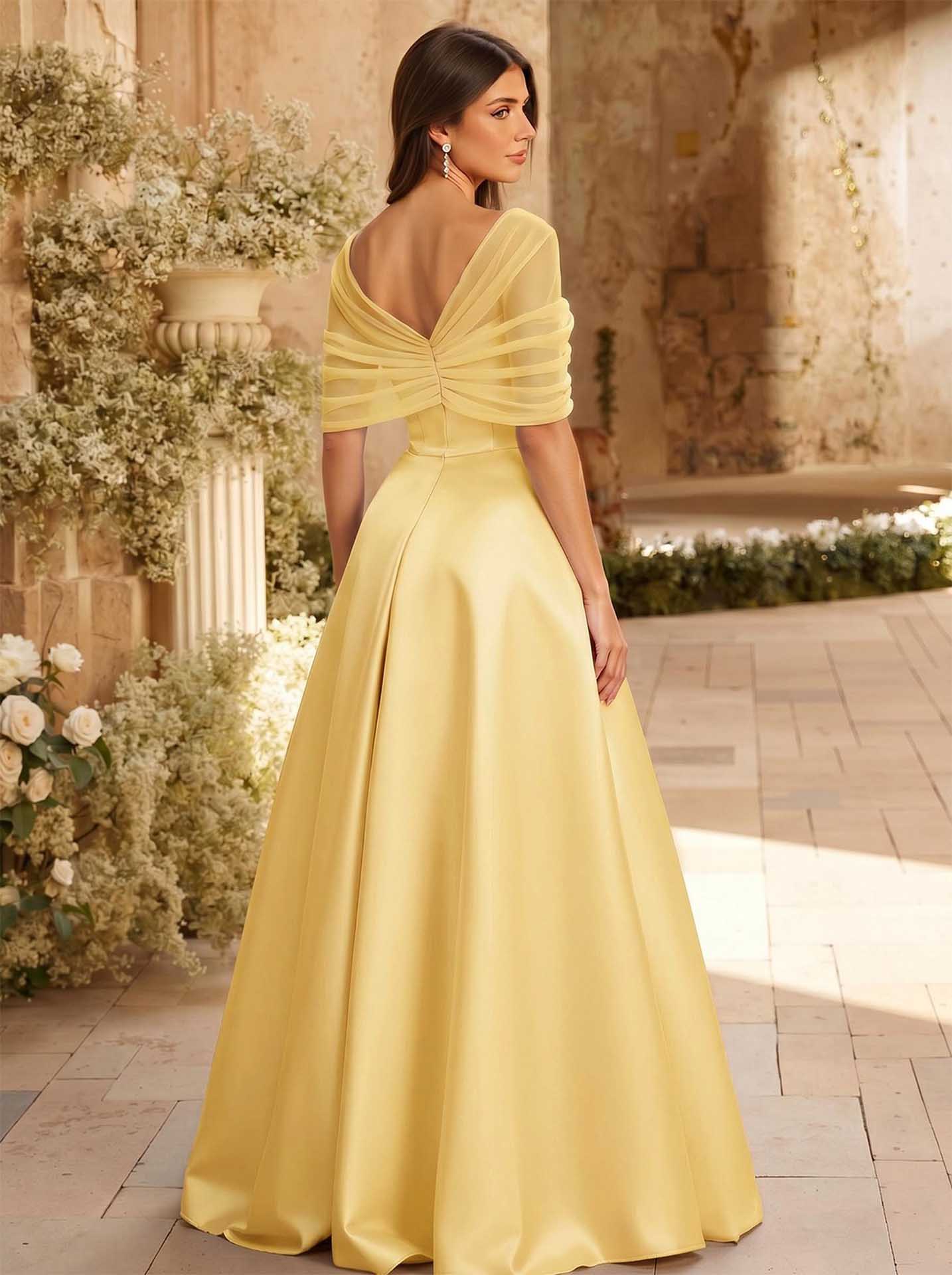 A-Line Asymmetrical Short Sleeves Sweep Train Satin Tulle Bridesmaid Dresses With Sweeping Side Drape, product image 97