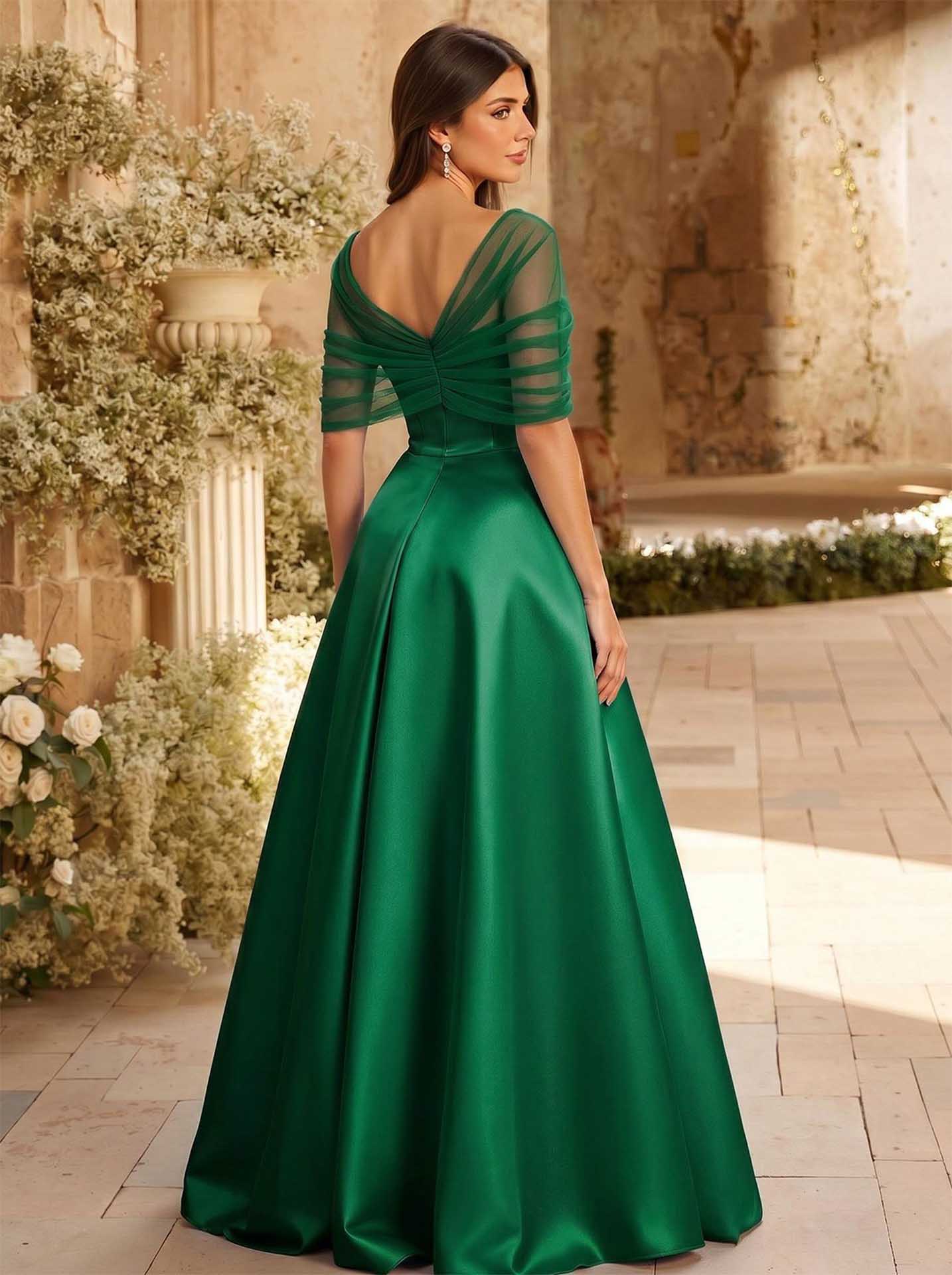 A-Line Asymmetrical Short Sleeves Sweep Train Satin Tulle Bridesmaid Dresses With Sweeping Side Drape, product image 77