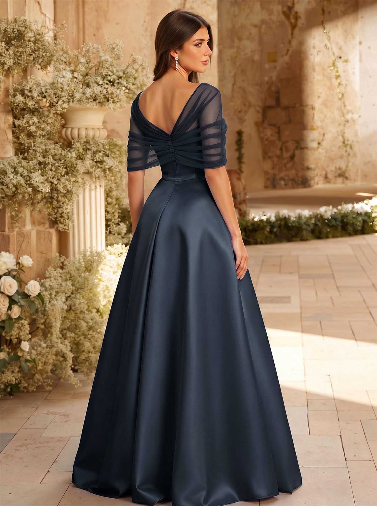 A-Line Asymmetrical Short Sleeves Sweep Train Satin Tulle Bridesmaid Dresses With Sweeping Side Drape, product image 5