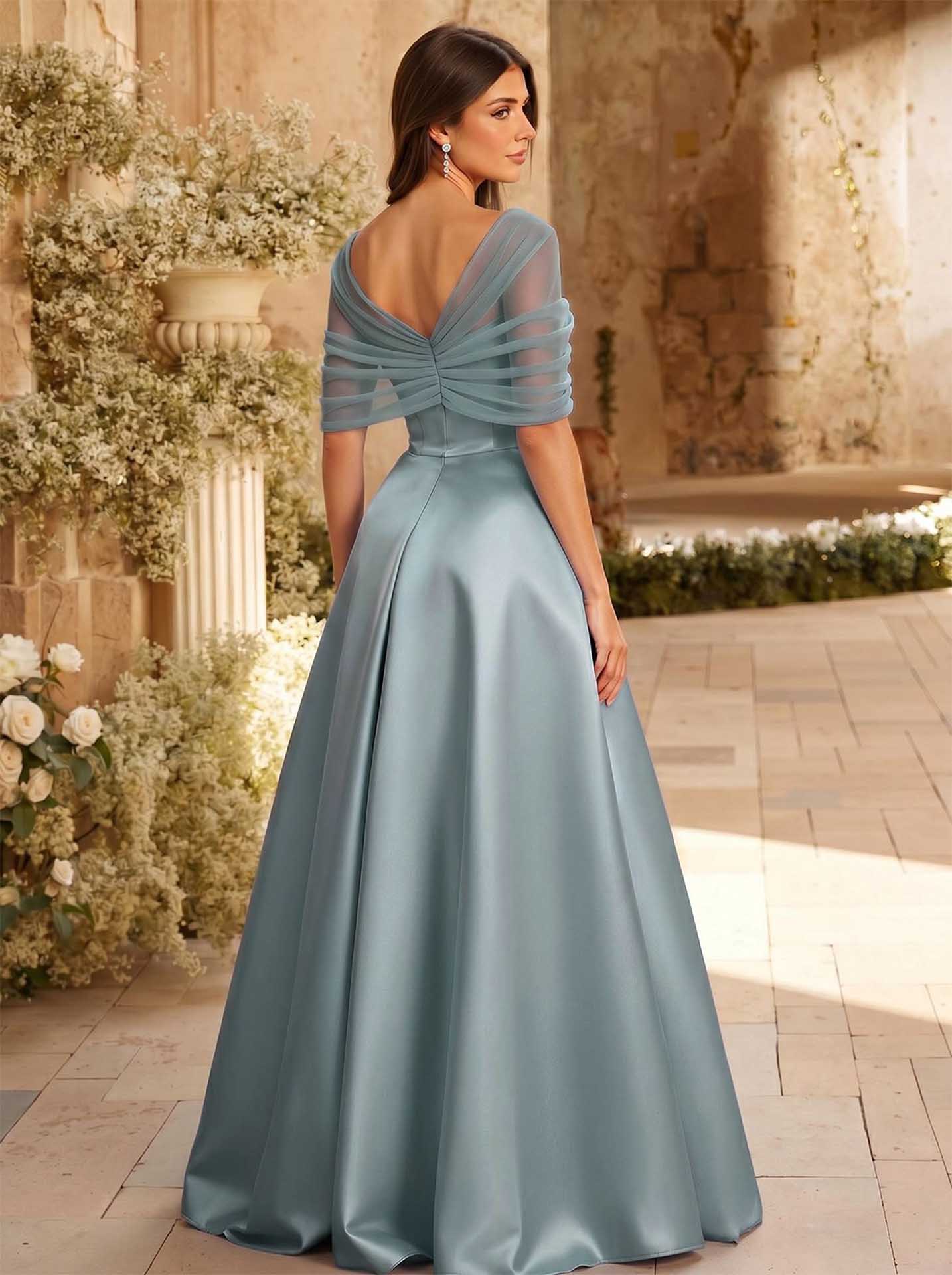A-Line Asymmetrical Short Sleeves Sweep Train Satin Tulle Bridesmaid Dresses With Sweeping Side Drape, product image 9