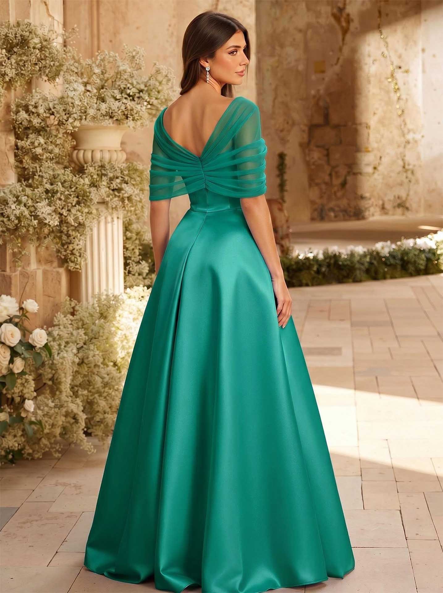 A-Line Asymmetrical Short Sleeves Sweep Train Satin Tulle Bridesmaid Dresses With Sweeping Side Drape, product image 83