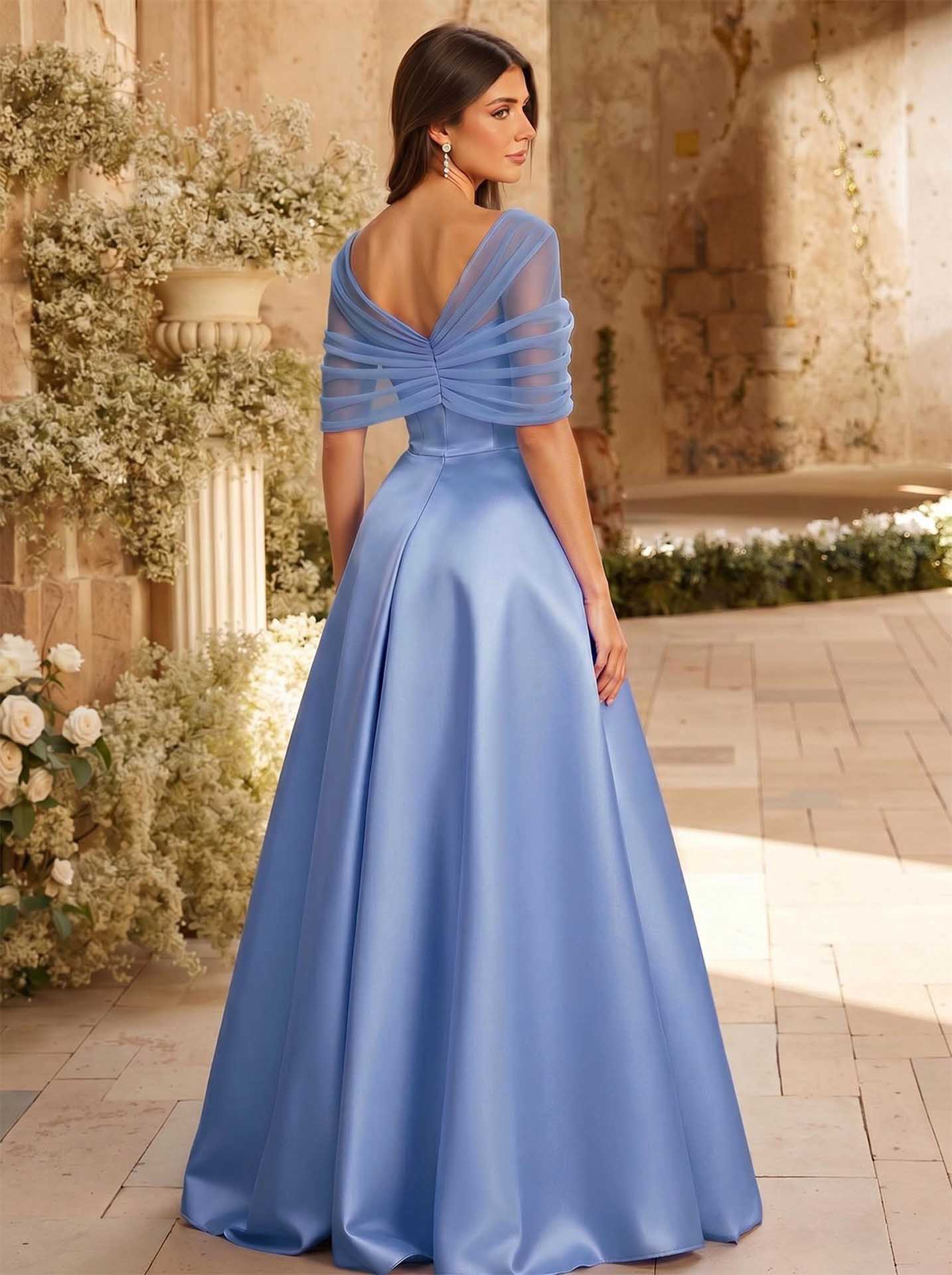 A-Line Asymmetrical Short Sleeves Sweep Train Satin Tulle Bridesmaid Dresses With Sweeping Side Drape, product image 23