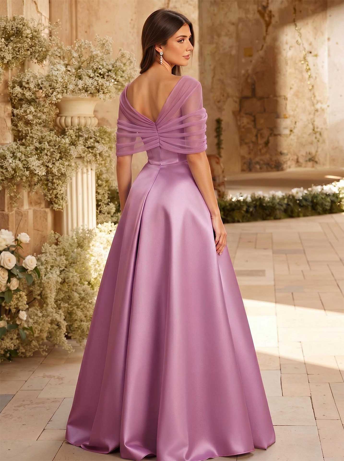 A-Line Asymmetrical Short Sleeves Sweep Train Satin Tulle Bridesmaid Dresses With Sweeping Side Drape, product image 63