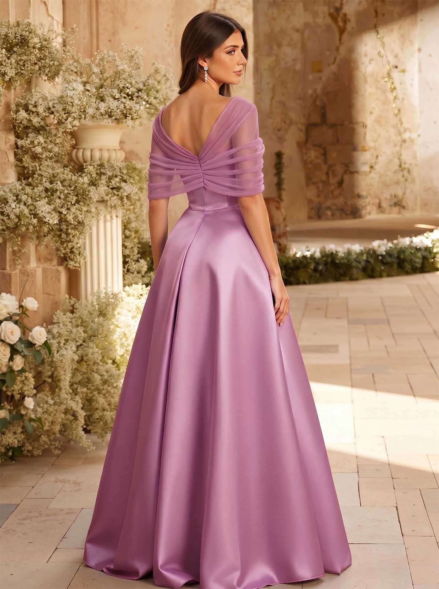 A-Line Asymmetrical Short Sleeves Sweep Train Satin Tulle Bridesmaid Dresses With Sweeping Side Drape, product image 63