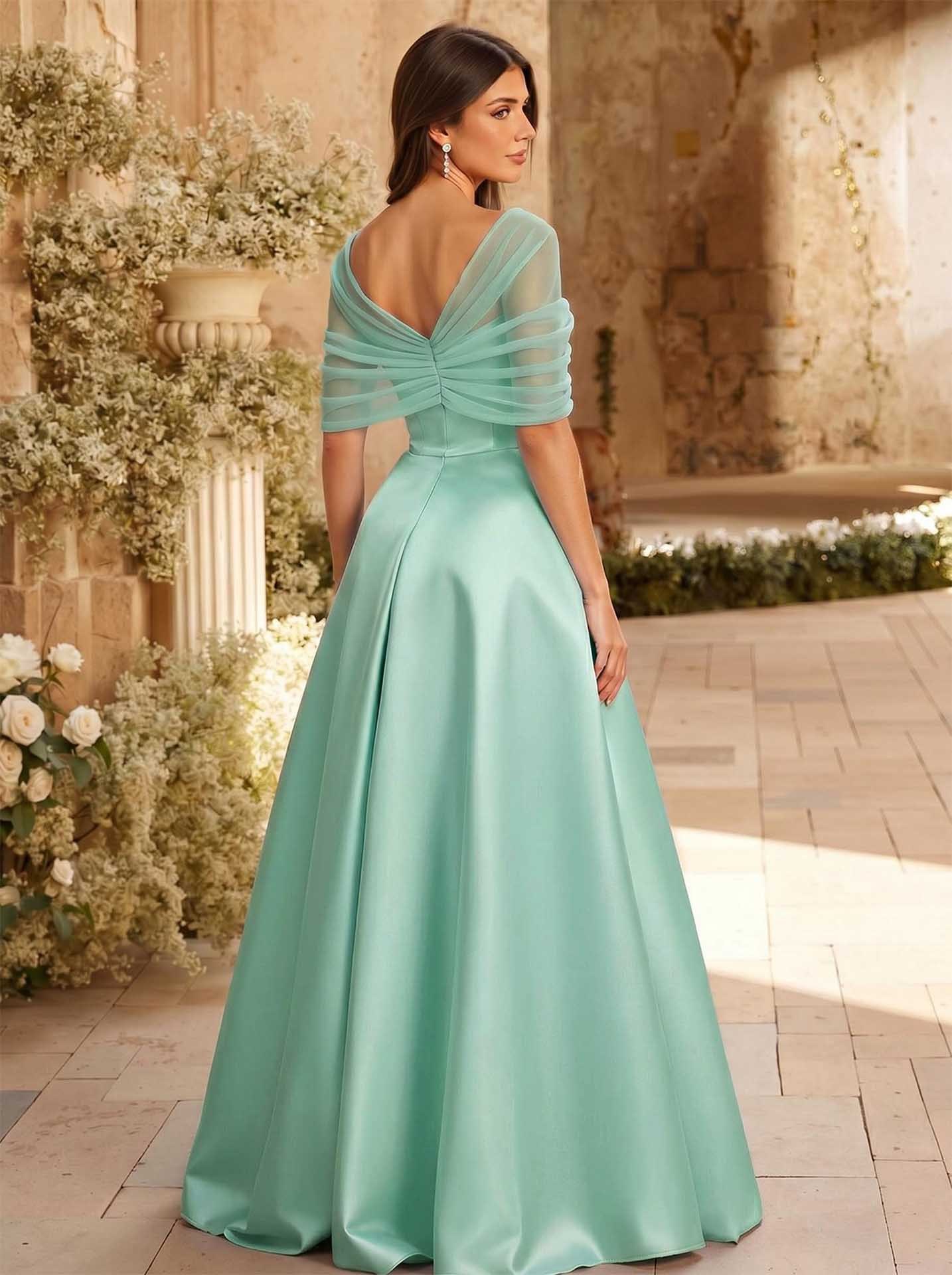 A-Line Asymmetrical Short Sleeves Sweep Train Satin Tulle Bridesmaid Dresses With Sweeping Side Drape, product image 89