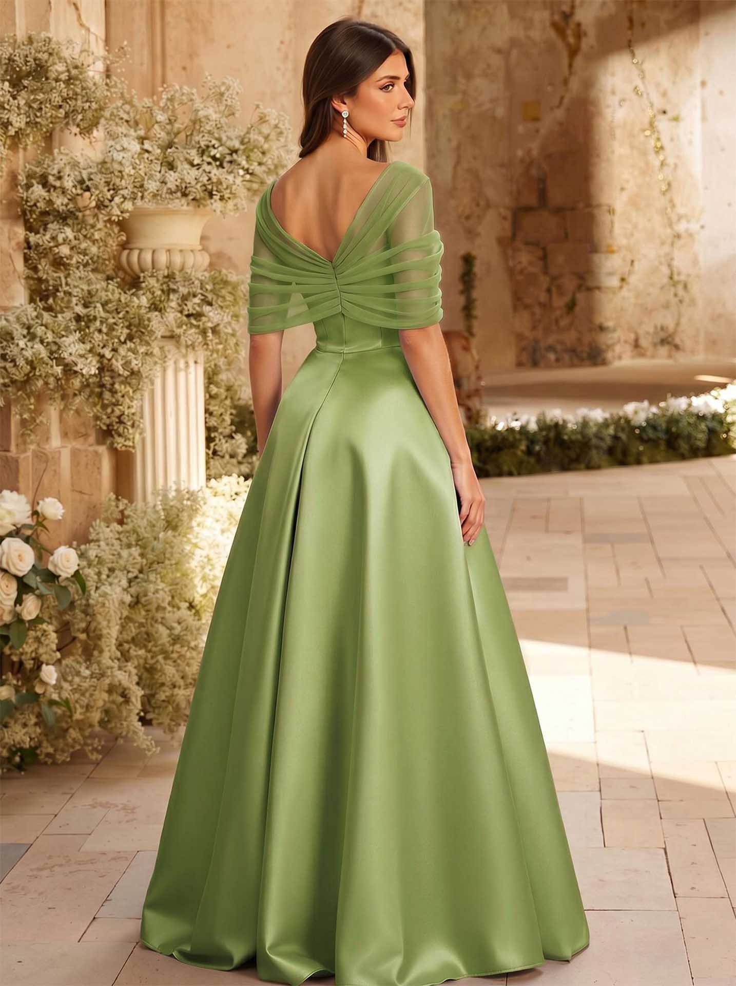 A-Line Asymmetrical Short Sleeves Sweep Train Satin Tulle Bridesmaid Dresses With Sweeping Side Drape, product image 133