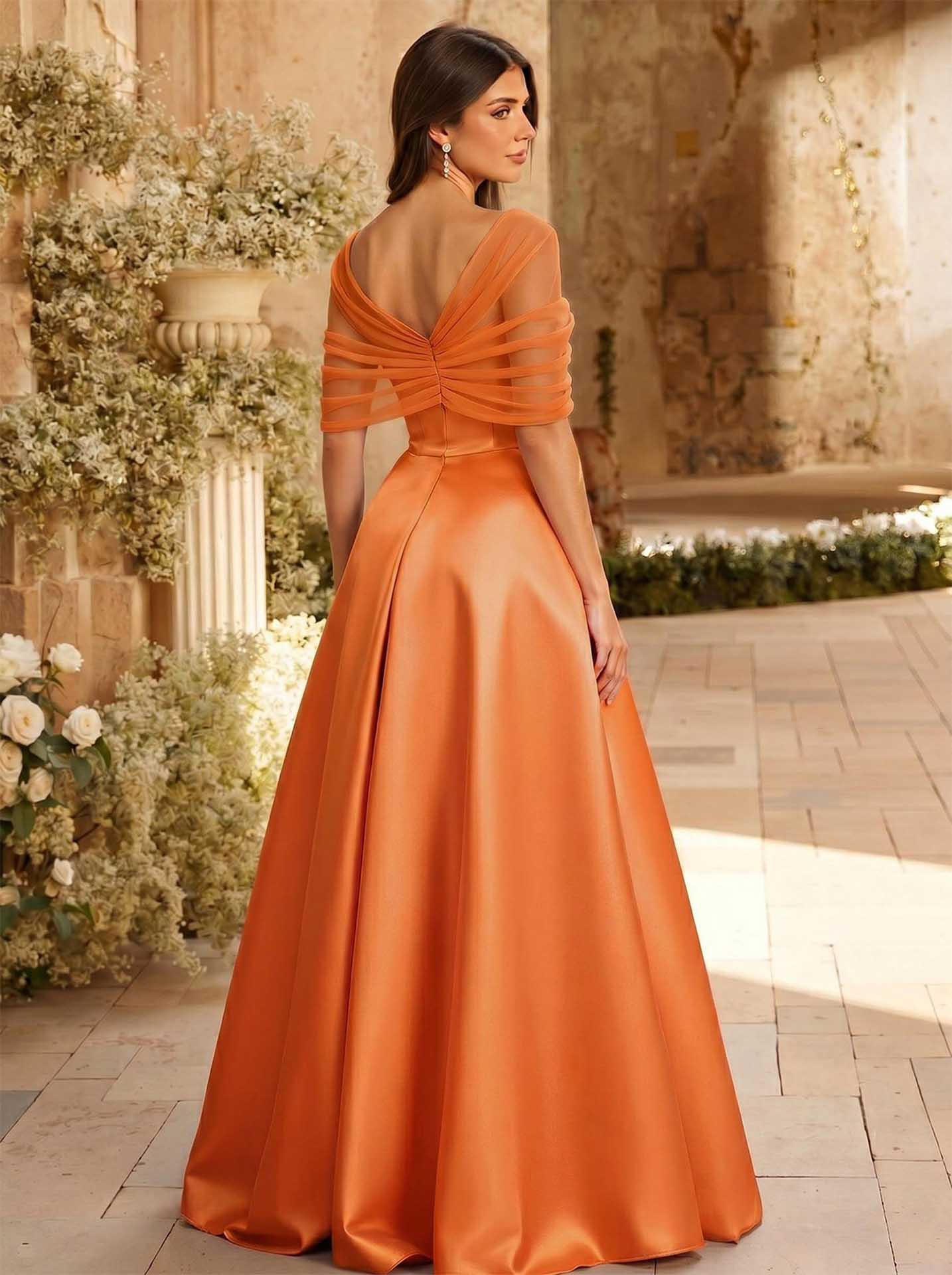A-Line Asymmetrical Short Sleeves Sweep Train Satin Tulle Bridesmaid Dresses With Sweeping Side Drape, product image 101