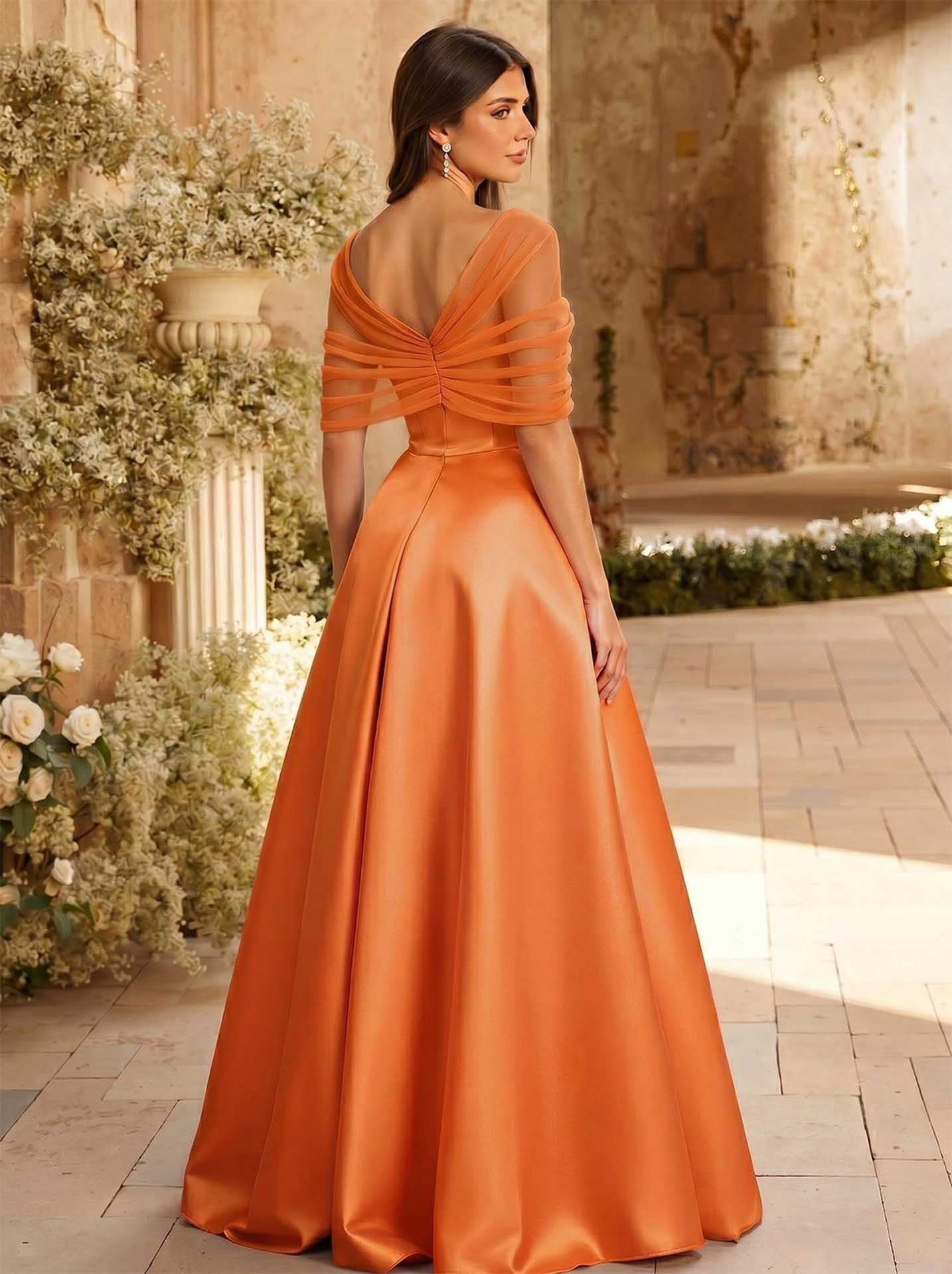 A-Line Asymmetrical Short Sleeves Sweep Train Satin Tulle Bridesmaid Dresses With Sweeping Side Drape, product image 101