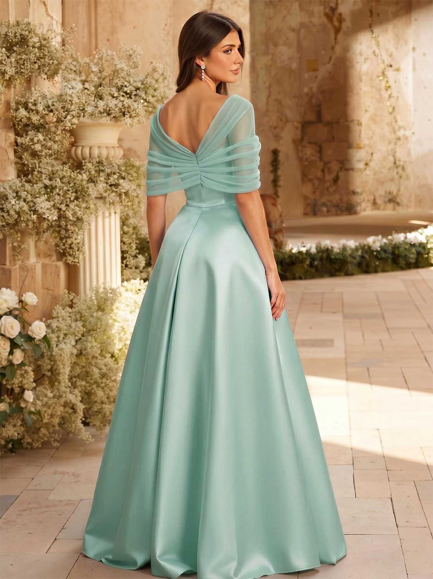 A-Line Asymmetrical Short Sleeves Sweep Train Satin Tulle Bridesmaid Dresses With Sweeping Side Drape, product image 87
