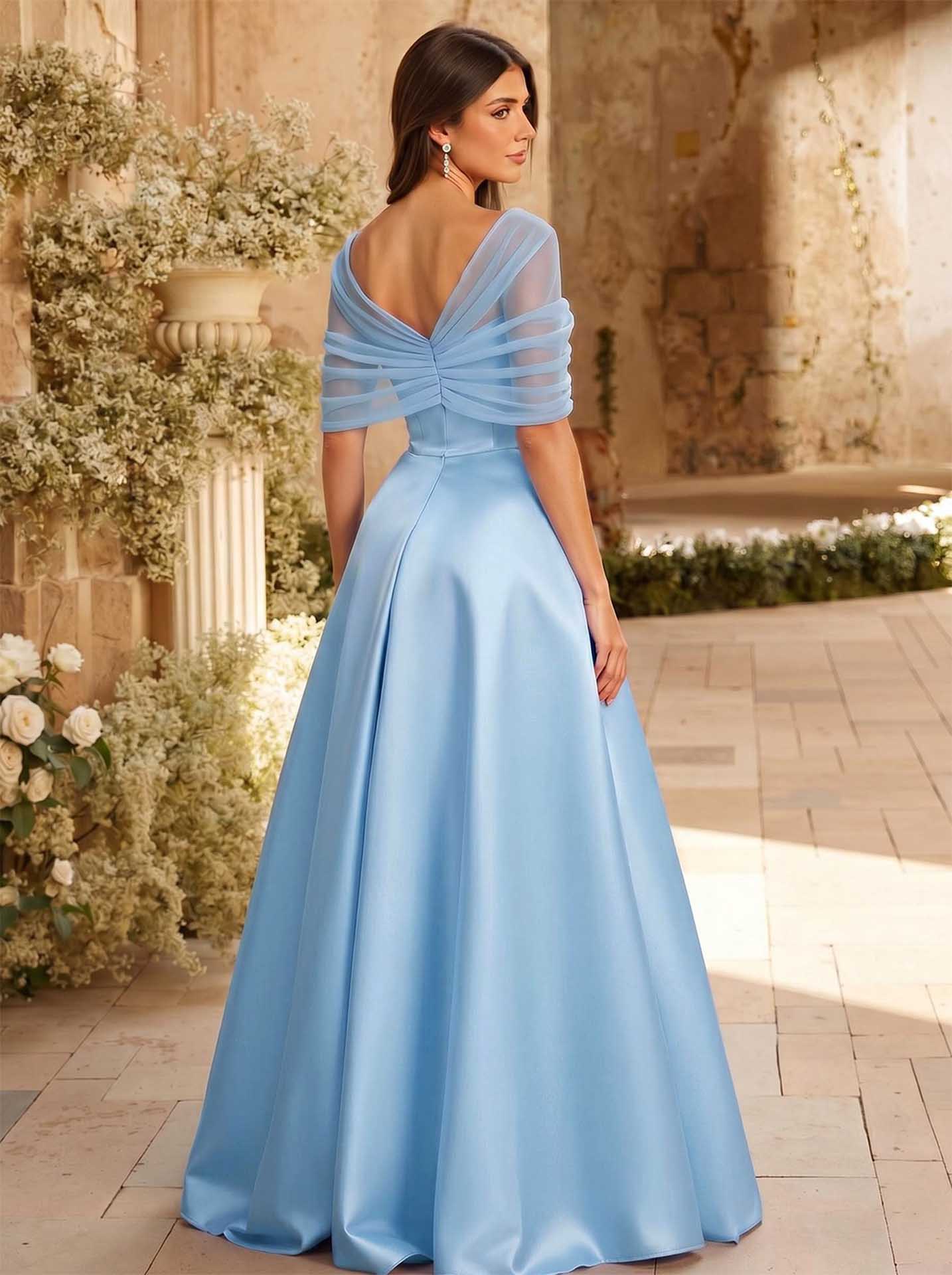 A-Line Asymmetrical Short Sleeves Sweep Train Satin Tulle Bridesmaid Dresses With Sweeping Side Drape, product image 25