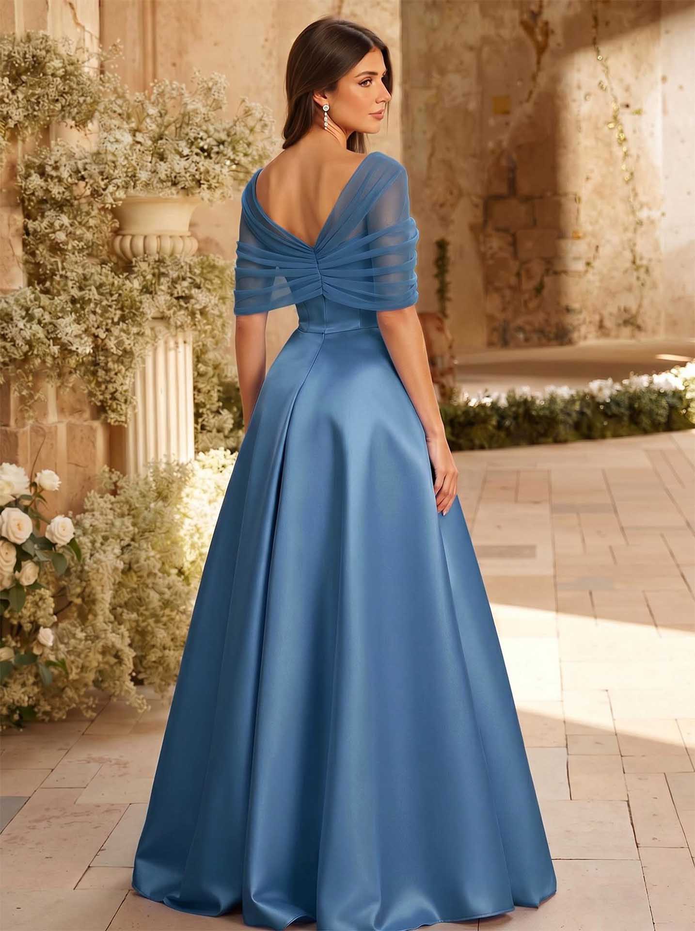 A-Line Asymmetrical Short Sleeves Sweep Train Satin Tulle Bridesmaid Dresses With Sweeping Side Drape, product image 11