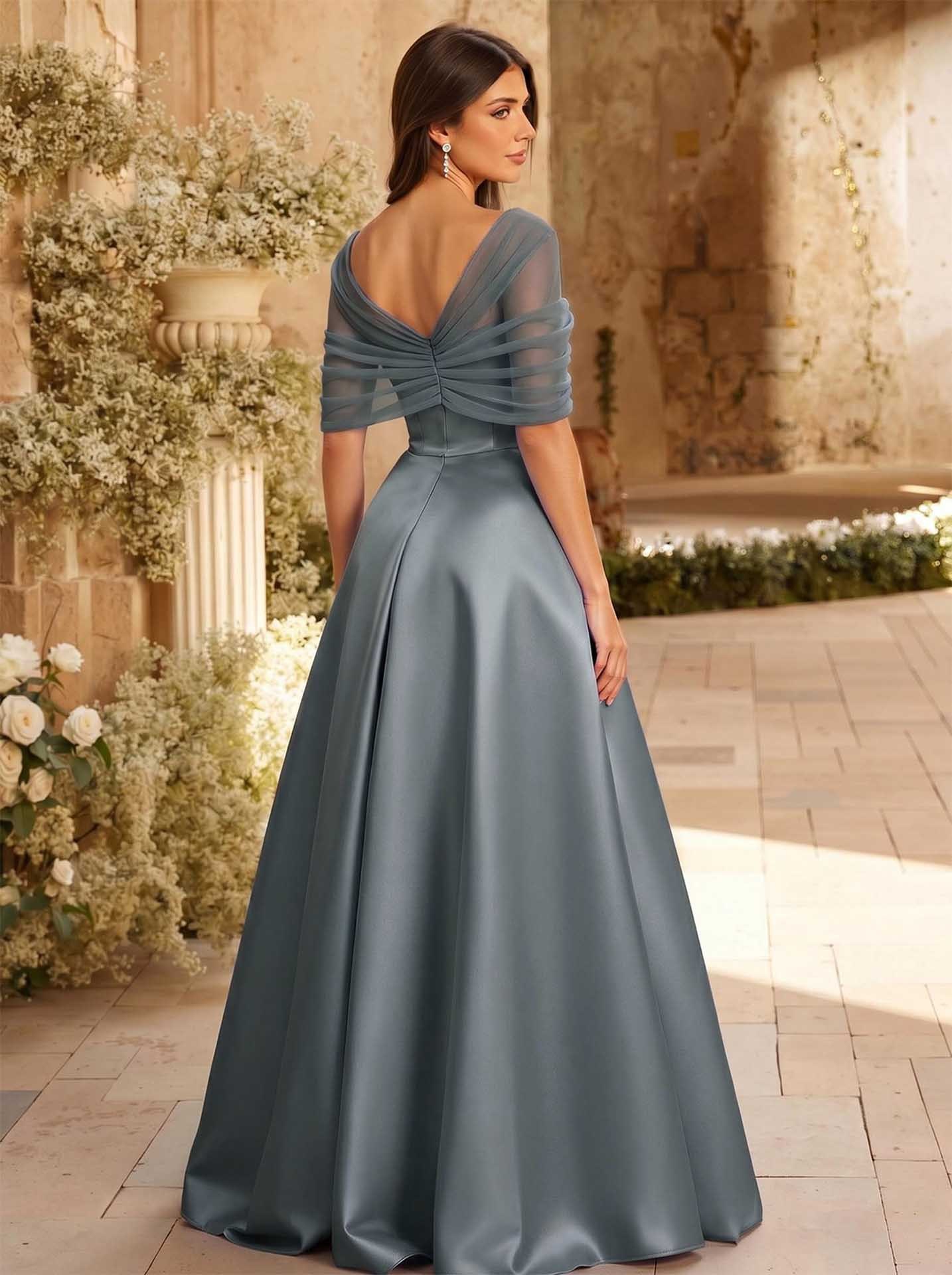 A-Line Asymmetrical Short Sleeves Sweep Train Satin Tulle Bridesmaid Dresses With Sweeping Side Drape, product image 113