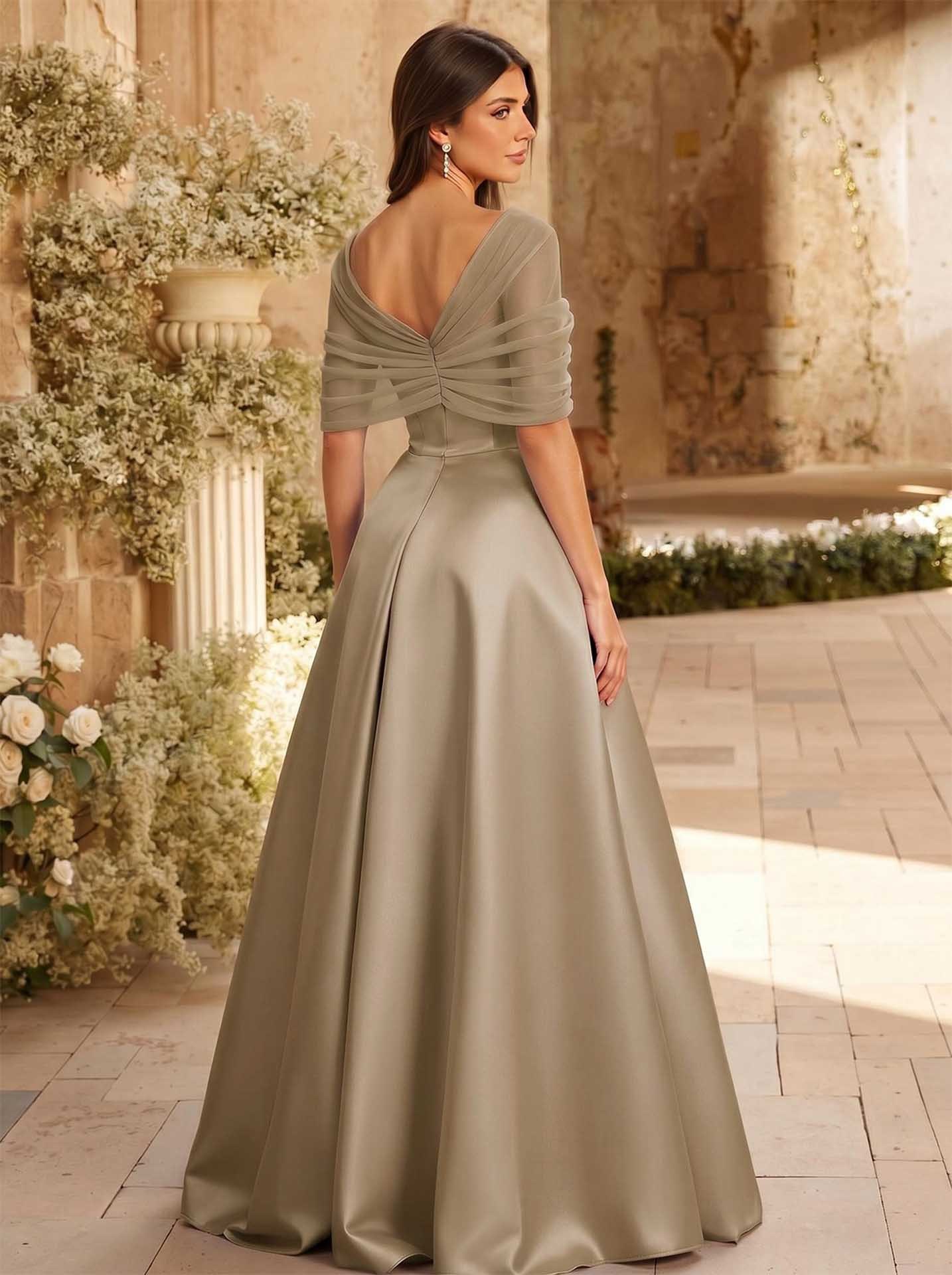 A-Line Asymmetrical Short Sleeves Sweep Train Satin Tulle Bridesmaid Dresses With Sweeping Side Drape, product image 95