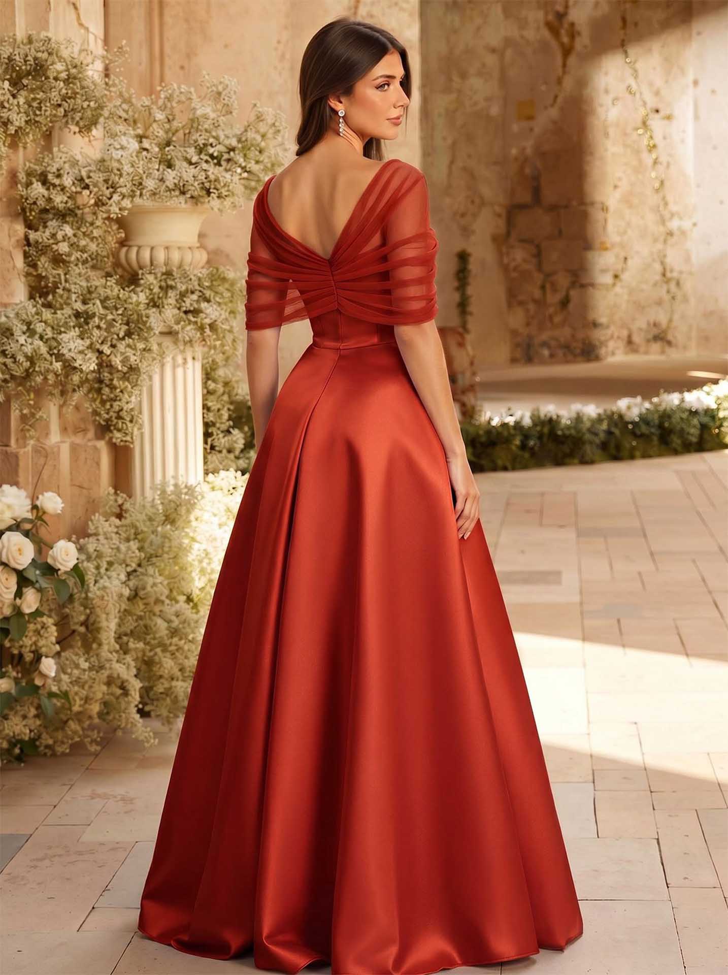 A-Line Asymmetrical Short Sleeves Sweep Train Satin Tulle Bridesmaid Dresses With Sweeping Side Drape, product image 39