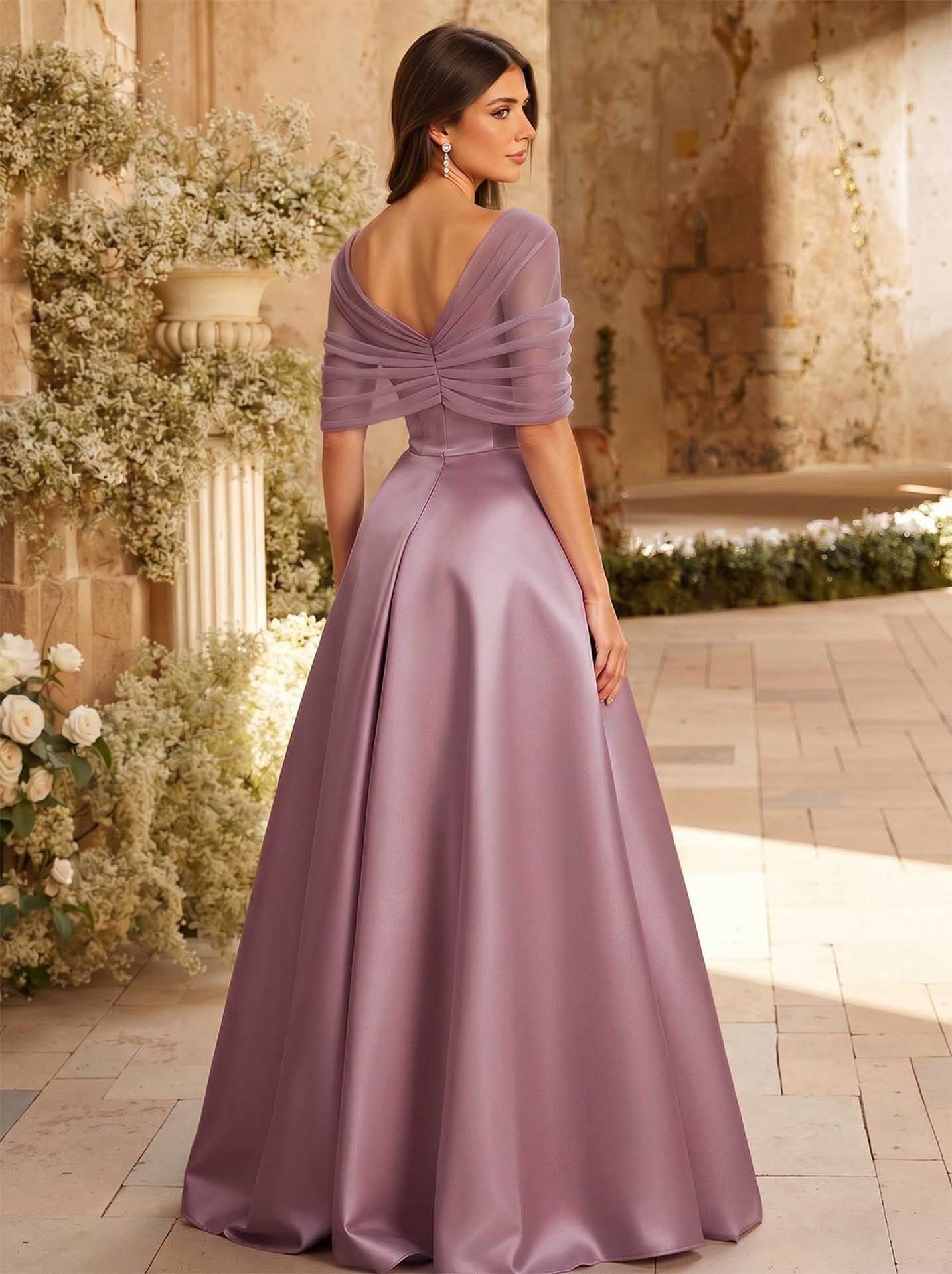 A-Line Asymmetrical Short Sleeves Sweep Train Satin Tulle Bridesmaid Dresses With Sweeping Side Drape, product image 61