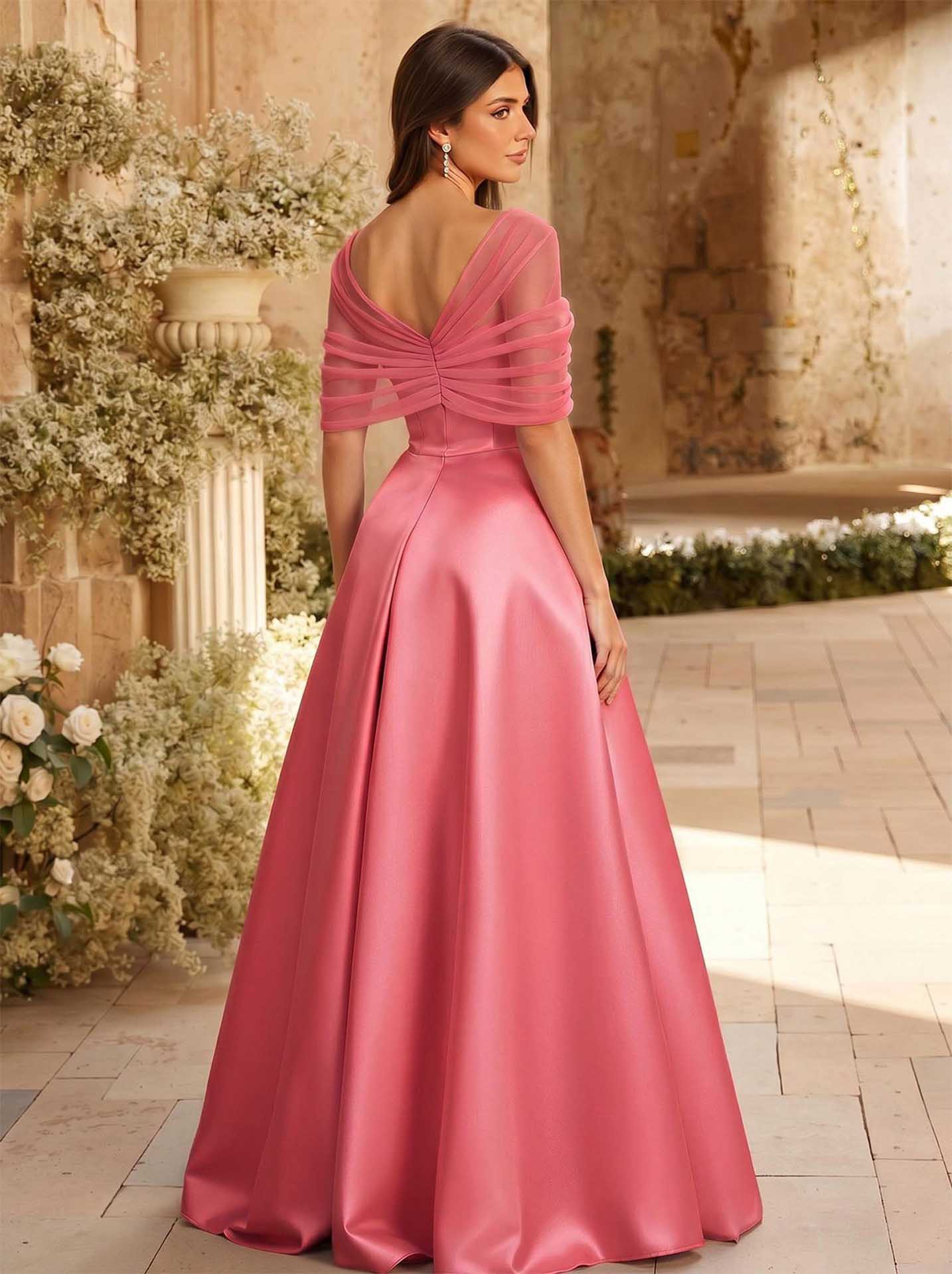 A-Line Asymmetrical Short Sleeves Sweep Train Satin Tulle Bridesmaid Dresses With Sweeping Side Drape, product image 41