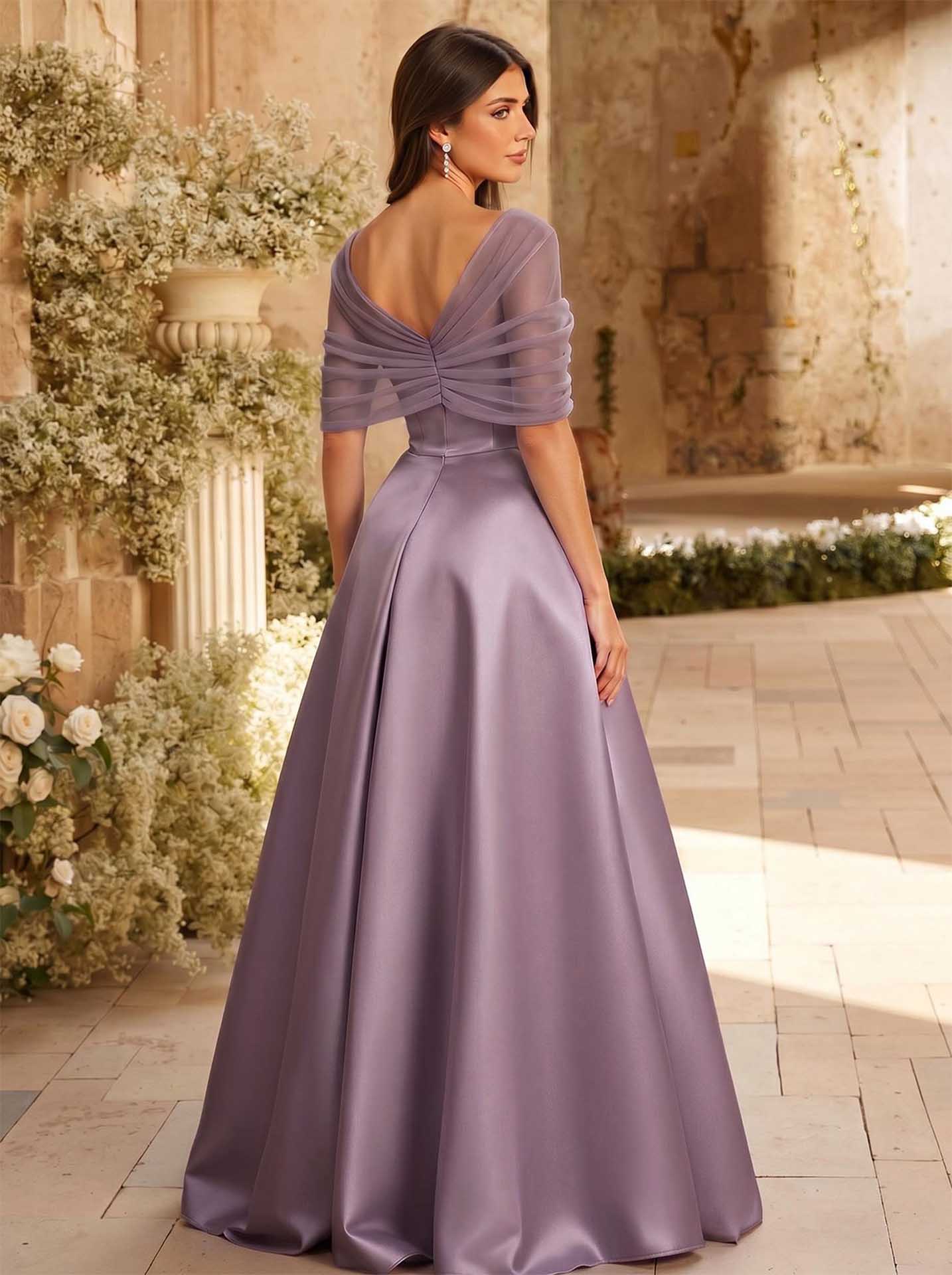 A-Line Asymmetrical Short Sleeves Sweep Train Satin Tulle Bridesmaid Dresses With Sweeping Side Drape, product image 59
