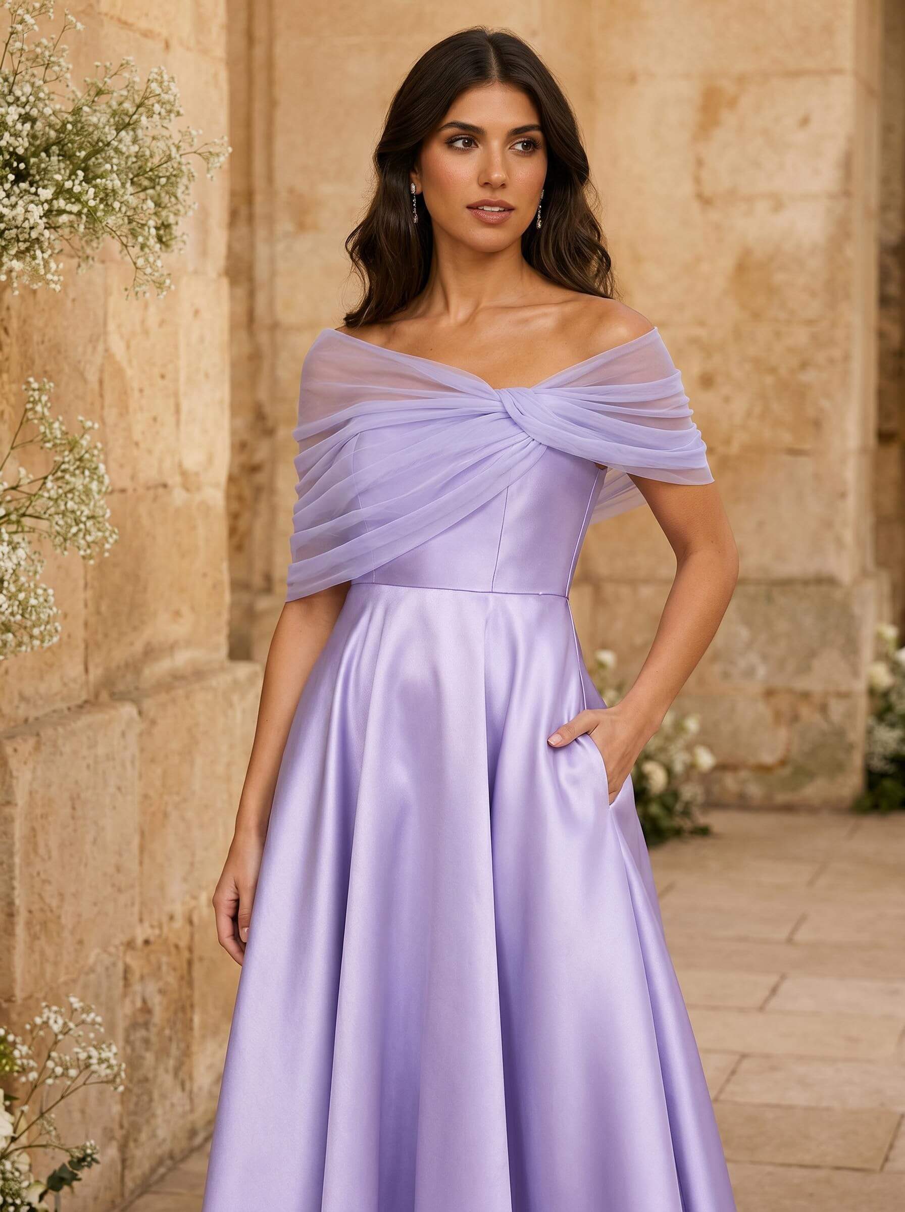 A-Line Asymmetrical Short Sleeves Sweep Train Satin Tulle Bridesmaid Dresses With Sweeping Side Drape, product image 3