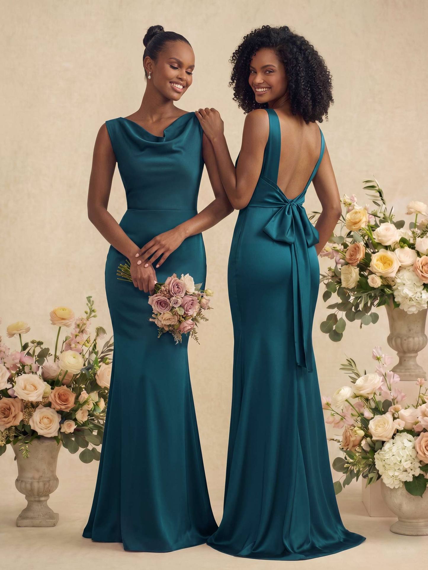 Trumpet/Mermaid Cowl Neck Sleeveless Stretch Satin Bridesmaid Dresses With Bow(s) in As Picture, US2