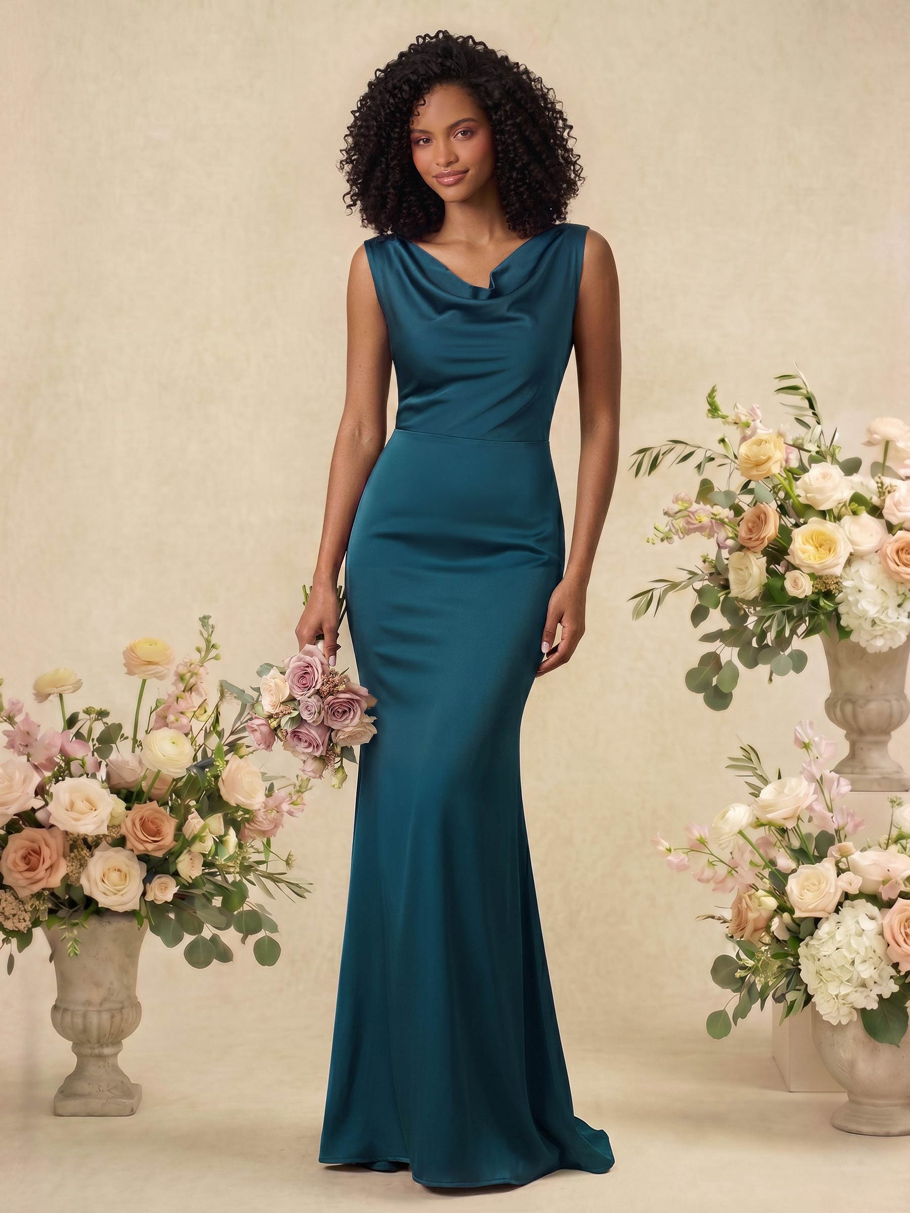 Trumpet/Mermaid Cowl Neck Sleeveless Stretch Satin Bridesmaid Dresses With Bow(s), product image 2