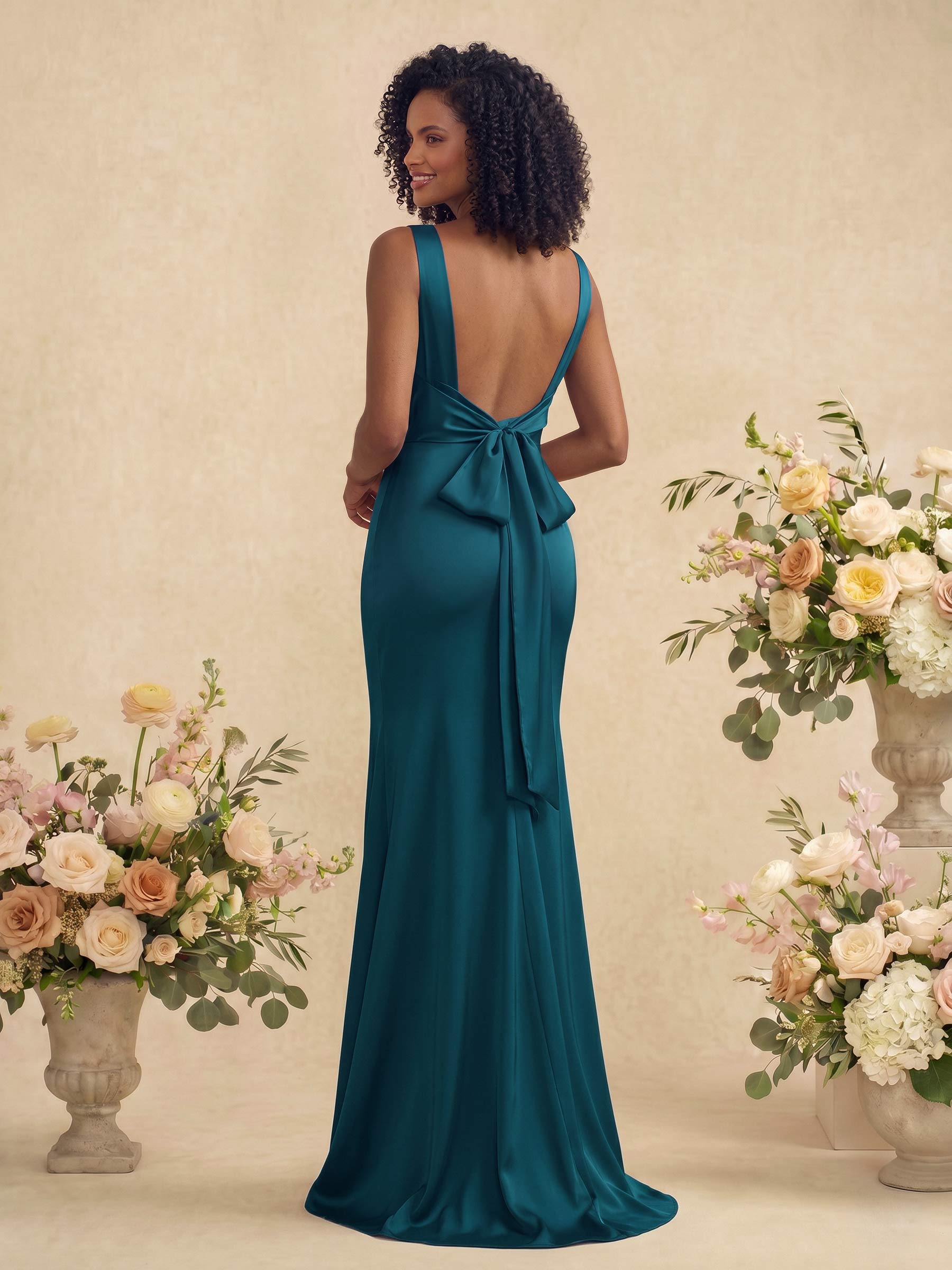 Trumpet/Mermaid Cowl Neck Sleeveless Stretch Satin Bridesmaid Dresses With Bow(s), product image 3