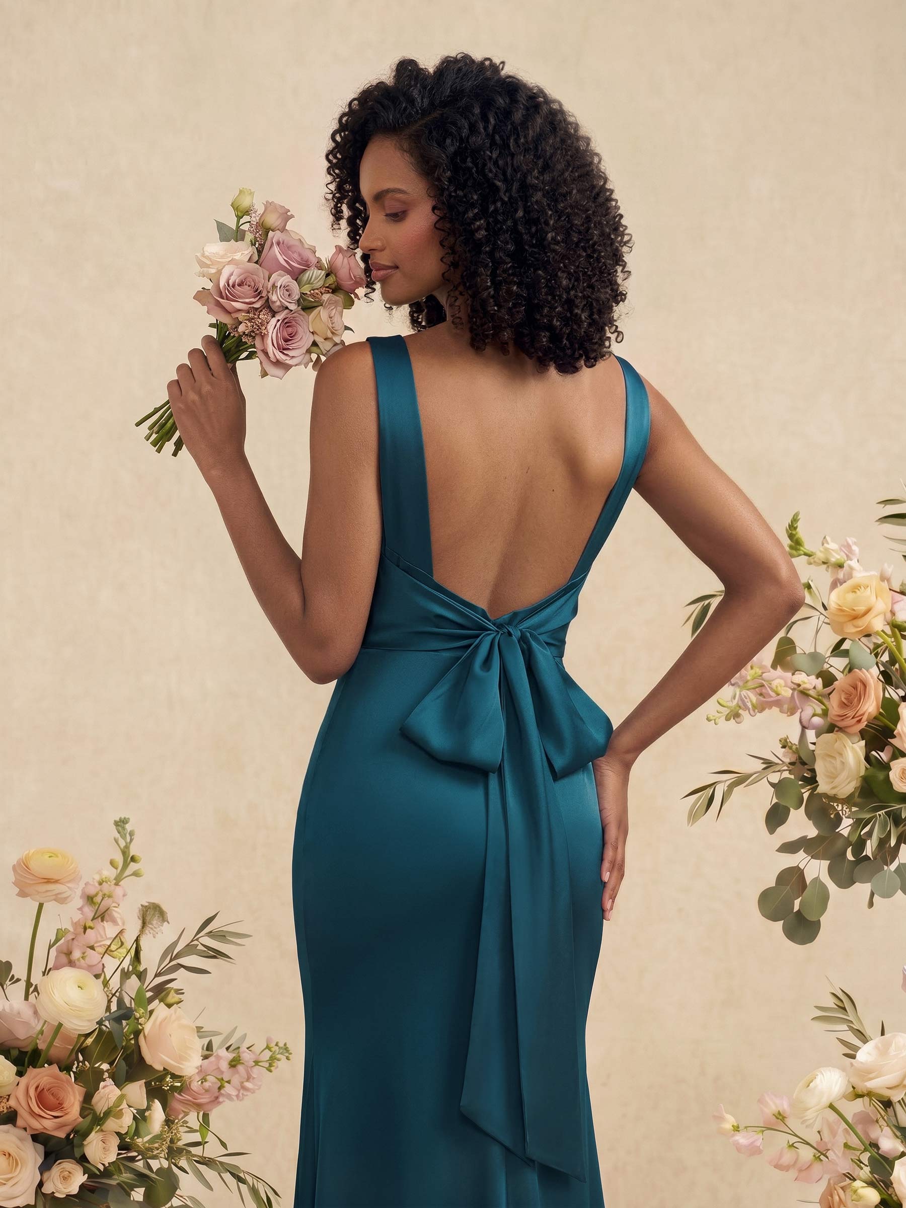 Trumpet/Mermaid Cowl Neck Sleeveless Stretch Satin Bridesmaid Dresses With Bow(s), product image 4