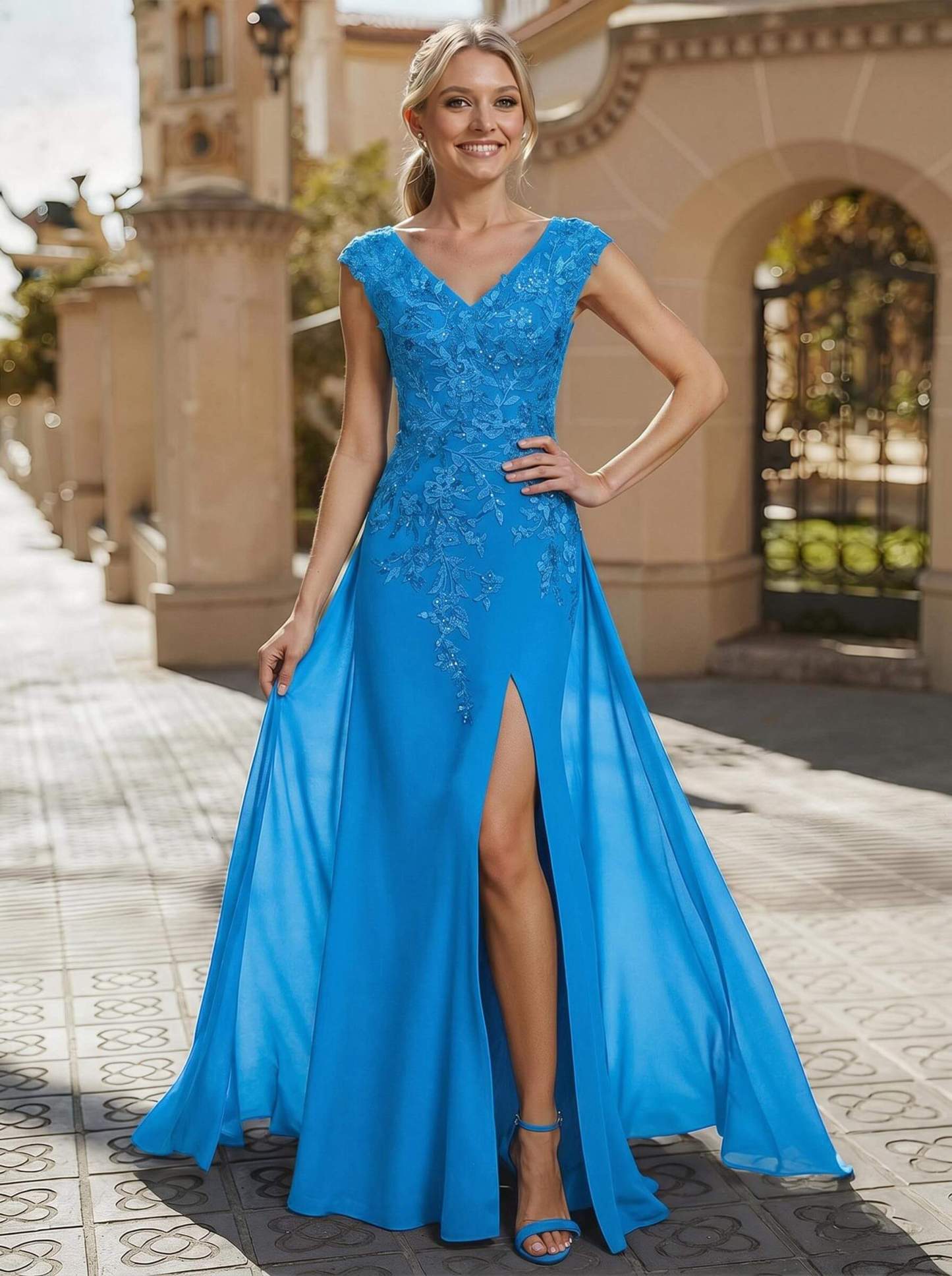 Sheath/Column V-Neck Sleeveless Chiffon Mother Of The Bride Dresses With Appliques Lace/High Split, product image 13