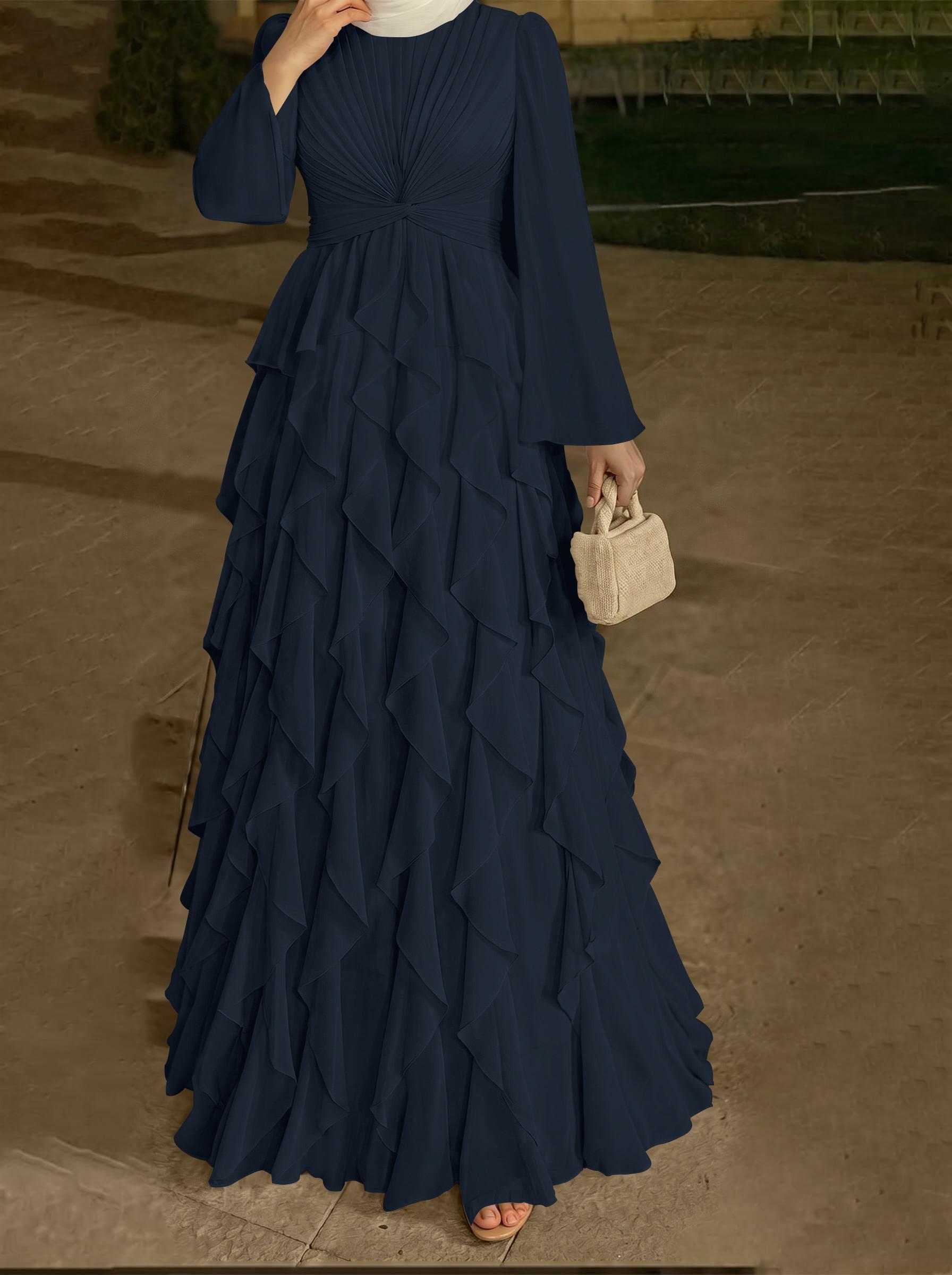 A-Line Scoop Neck Long Sleeves Floor-Length Chiffon Evening Dresses With Ruffle