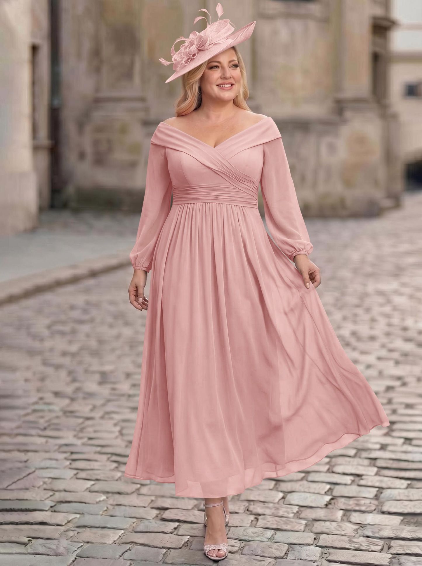 A-Line Off-The-Shoulder Long Sleeves Ankle-Length Chiffon Mother Of The Bride Dresses With Pleated