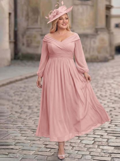 A-Line Off-The-Shoulder Long Sleeves Ankle-Length Chiffon Mother Of The Bride Dresses With Pleated