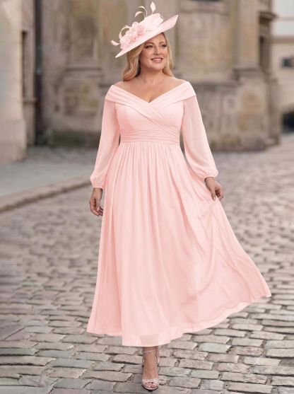 A-Line Off-The-Shoulder Long Sleeves Ankle-Length Chiffon Mother Of The Bride Dresses With Pleated