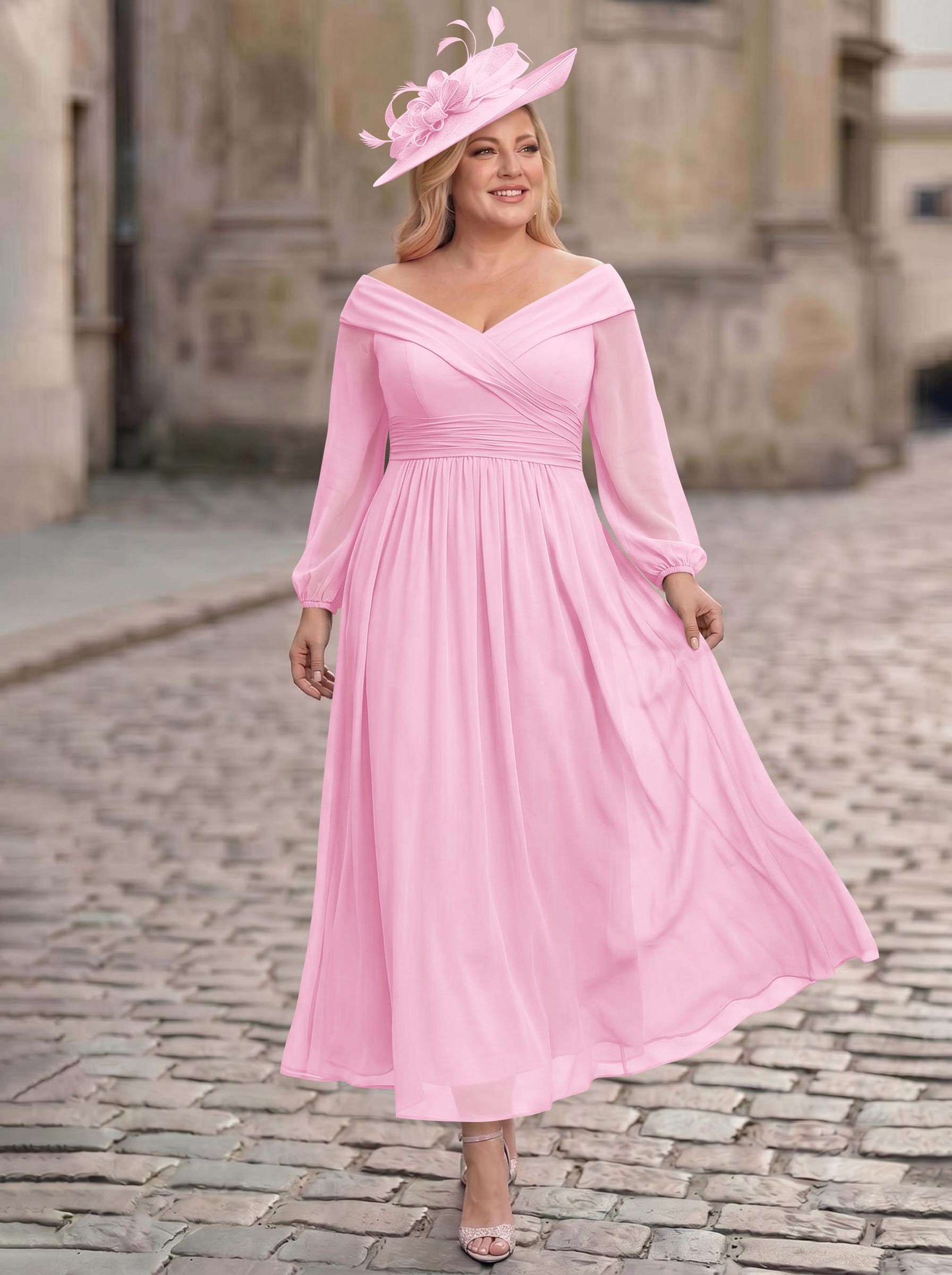 A-Line Off-The-Shoulder Long Sleeves Ankle-Length Chiffon Mother Of The Bride Dresses With Pleated