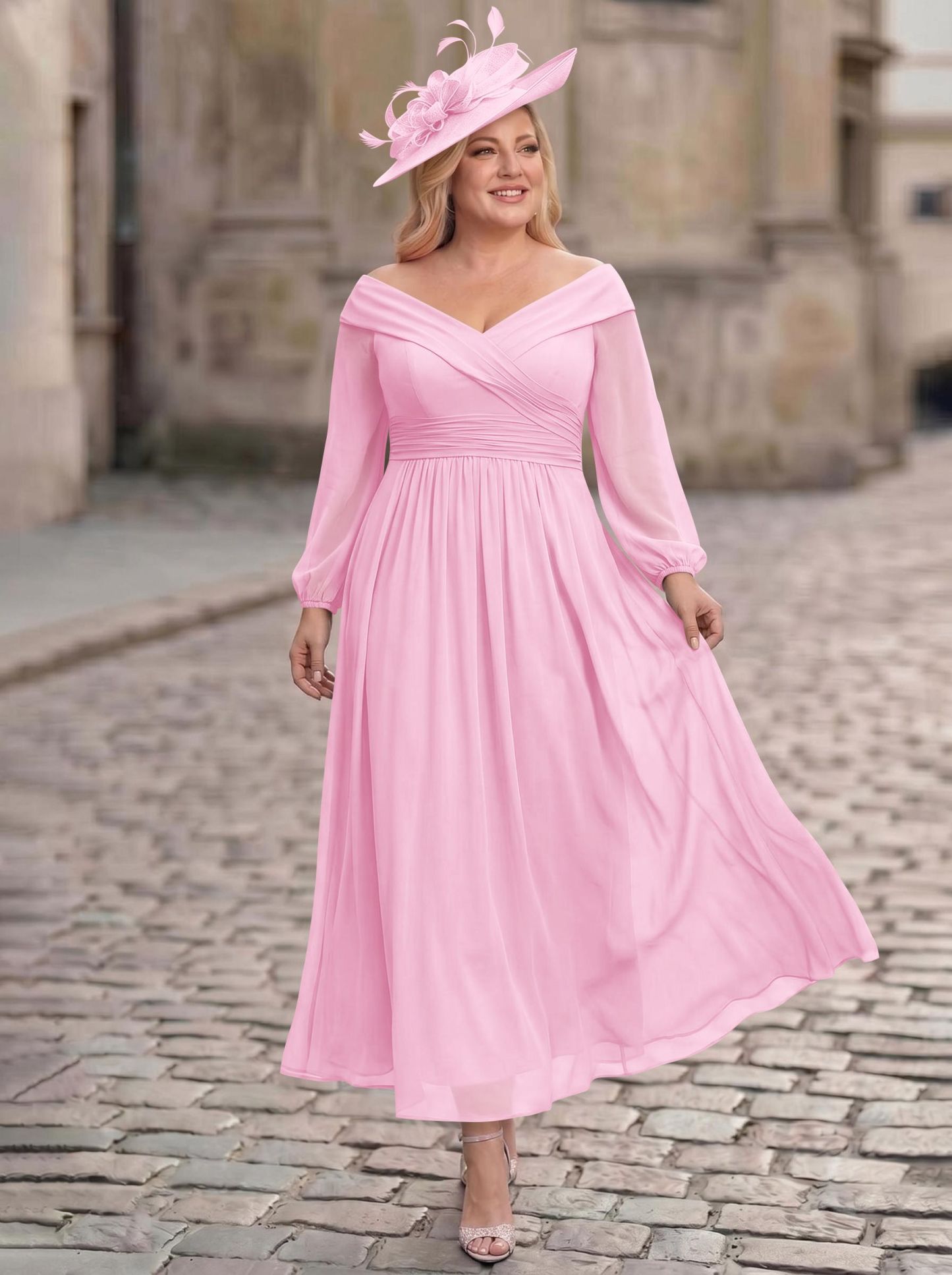 A-Line Off-The-Shoulder Long Sleeves Ankle-Length Chiffon Mother Of The Bride Dresses With Pleated
