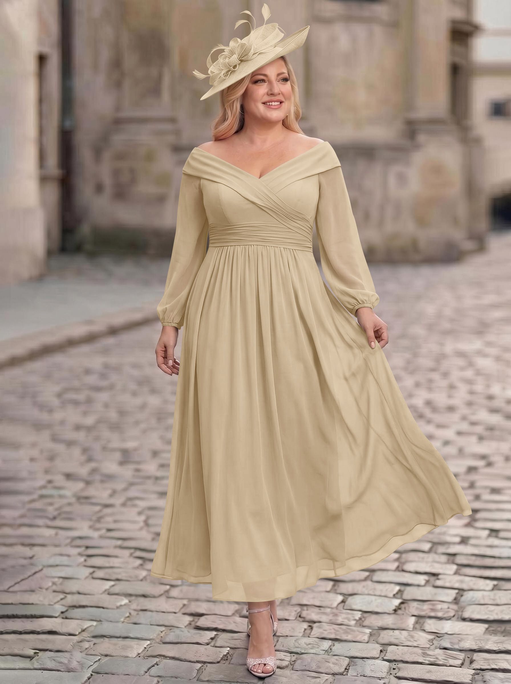 A-Line Off-The-Shoulder Long Sleeves Ankle-Length Chiffon Mother Of The Bride Dresses With Pleated