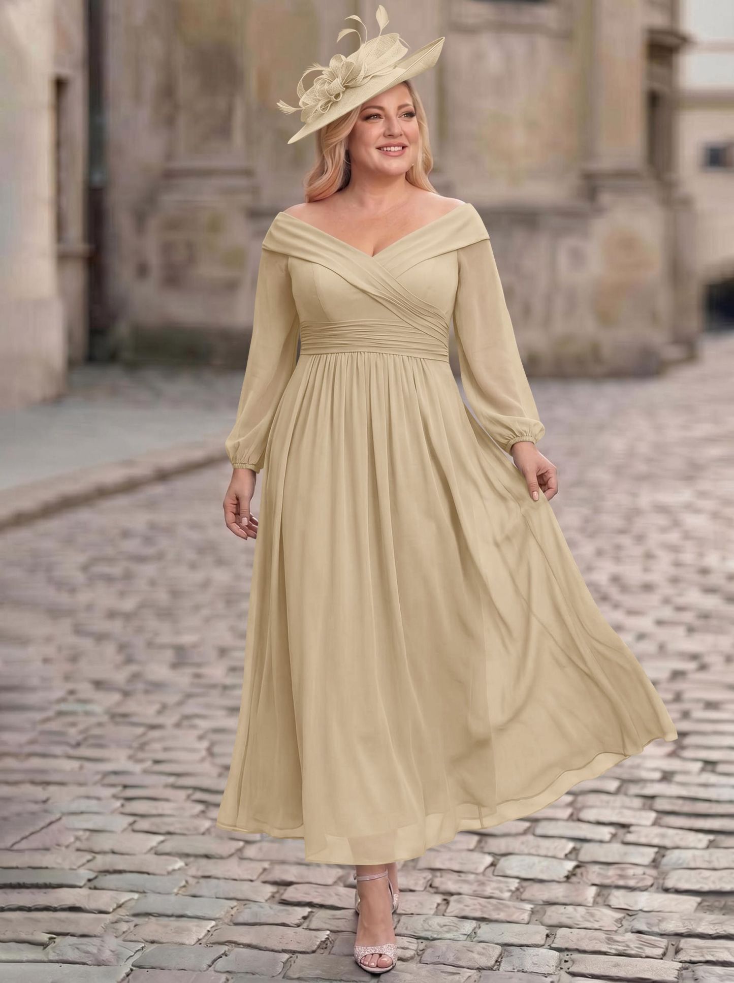 A-Line Off-The-Shoulder Long Sleeves Ankle-Length Chiffon Mother Of The Bride Dresses With Pleated