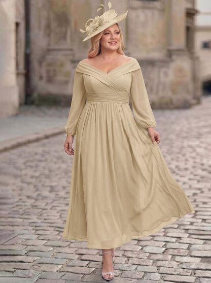 A-Line Off-The-Shoulder Long Sleeves Ankle-Length Chiffon Mother Of The Bride Dresses With Pleated
