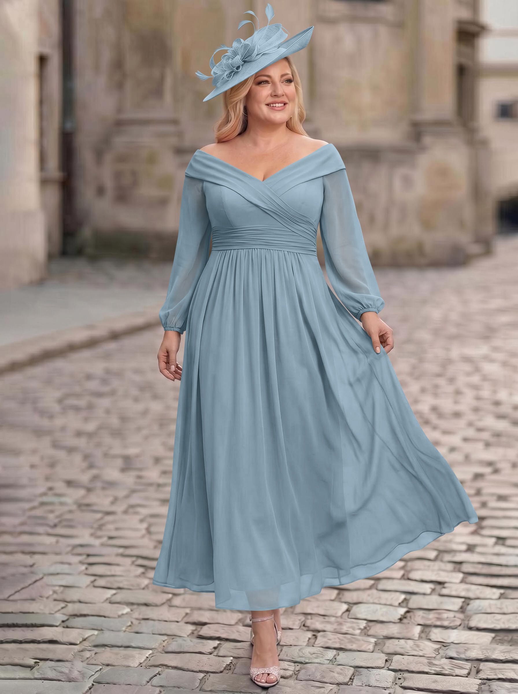 A-Line Off-The-Shoulder Long Sleeves Ankle-Length Chiffon Mother Of The Bride Dresses With Pleated