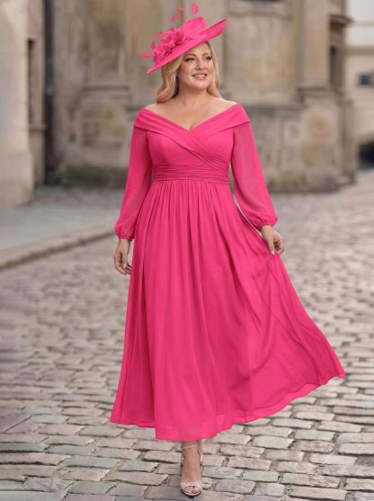 A-Line Off-The-Shoulder Long Sleeves Ankle-Length Chiffon Mother Of The Bride Dresses With Pleated