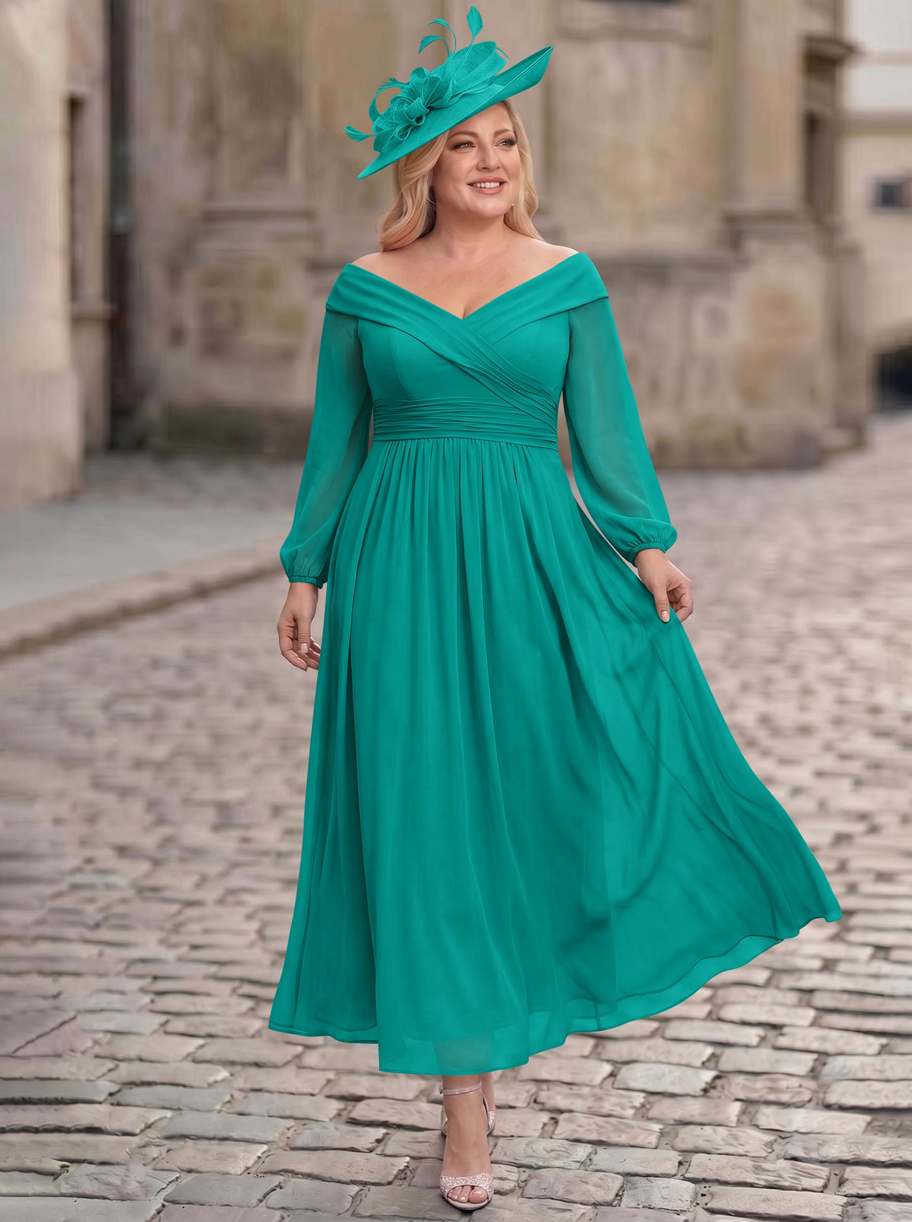 A-Line Off-The-Shoulder Long Sleeves Ankle-Length Chiffon Mother Of The Bride Dresses With Pleated