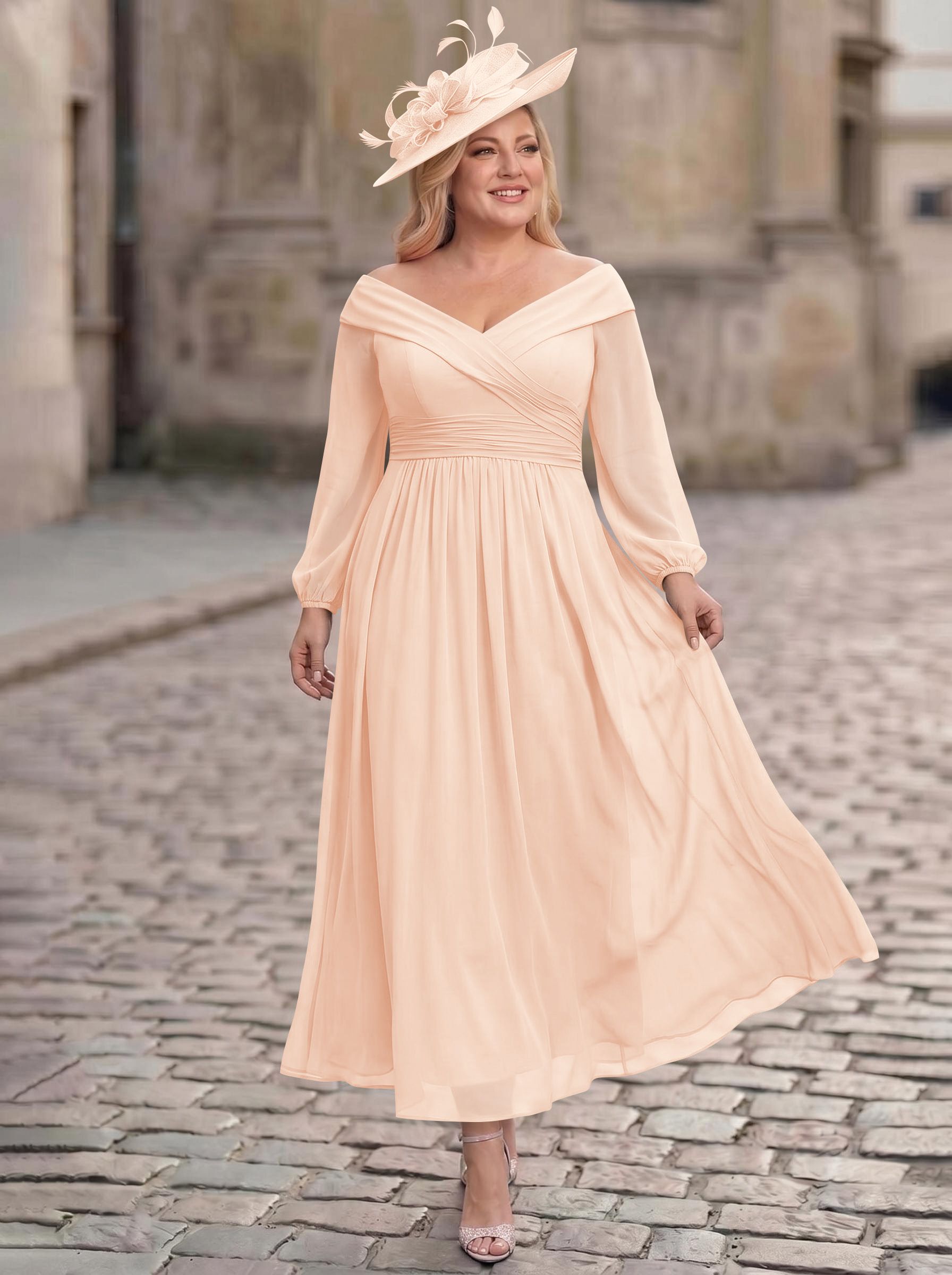 A-Line Off-The-Shoulder Long Sleeves Ankle-Length Chiffon Mother Of The Bride Dresses With Pleated