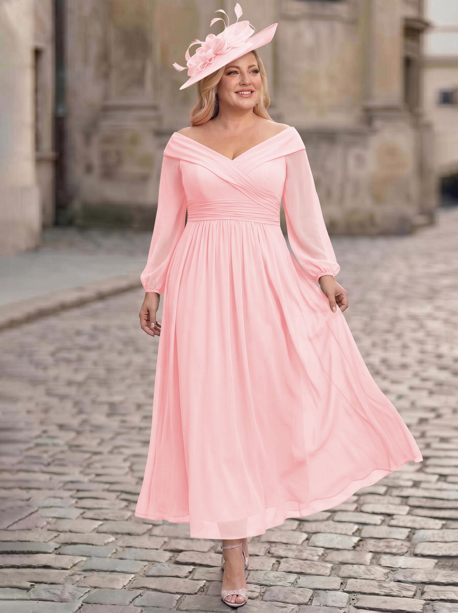 A-Line Off-The-Shoulder Long Sleeves Ankle-Length Chiffon Mother Of The Bride Dresses With Pleated
