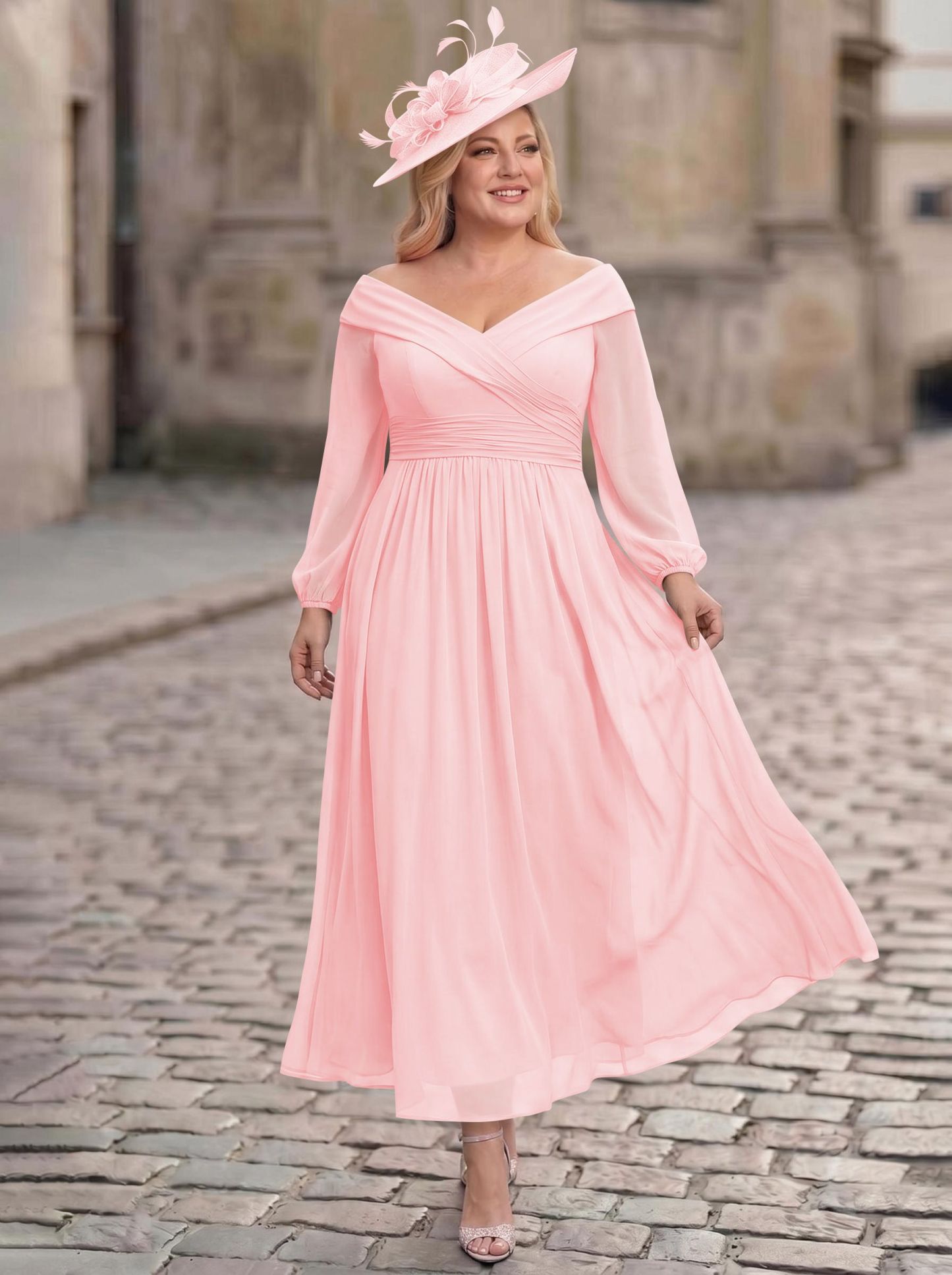 A-Line Off-The-Shoulder Long Sleeves Ankle-Length Chiffon Mother Of The Bride Dresses With Pleated