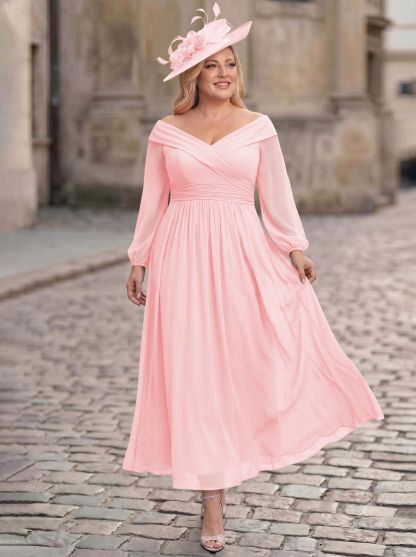 A-Line Off-The-Shoulder Long Sleeves Ankle-Length Chiffon Mother Of The Bride Dresses With Pleated