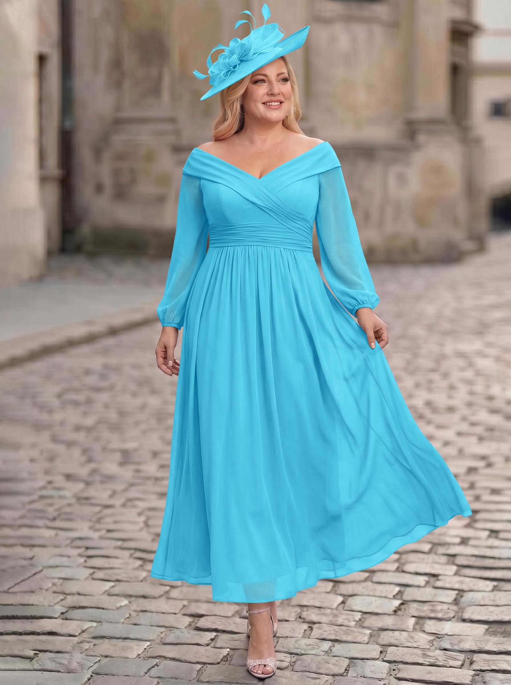 A-Line Off-The-Shoulder Long Sleeves Ankle-Length Chiffon Mother Of The Bride Dresses With Pleated