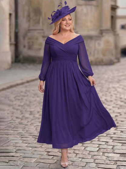 A-Line Off-The-Shoulder Long Sleeves Ankle-Length Chiffon Mother Of The Bride Dresses With Pleated