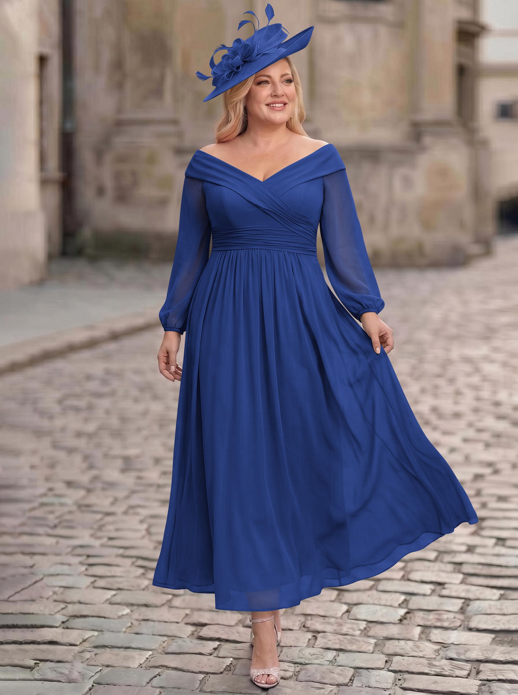 A-Line Off-The-Shoulder Long Sleeves Ankle-Length Chiffon Mother Of The Bride Dresses With Pleated